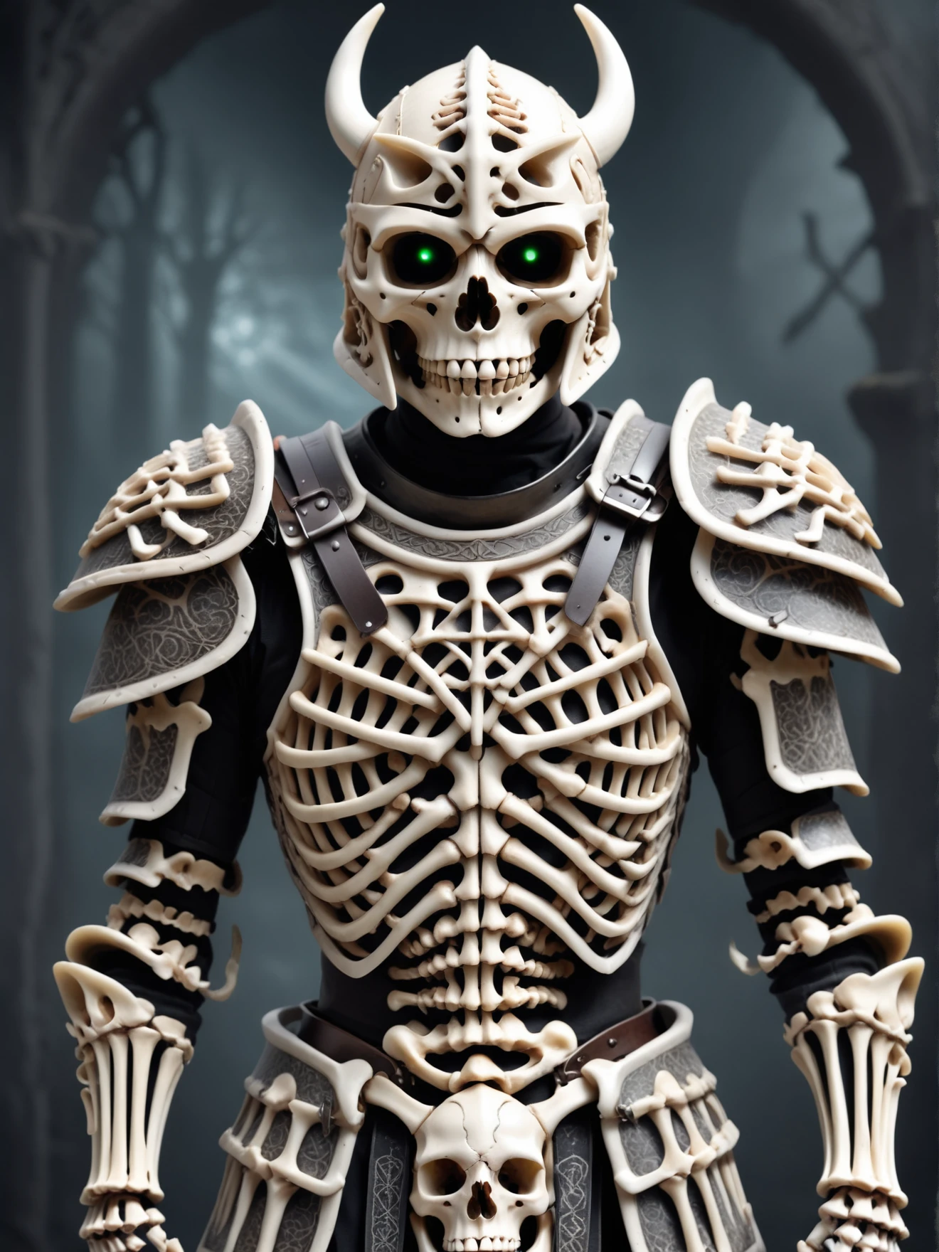 full shot, dark skeleton knight, black helmet, armor, face portrait, glowing runes, viking knotwork, boneswm, <lora:Bones_World_Morph_SDXL:1>