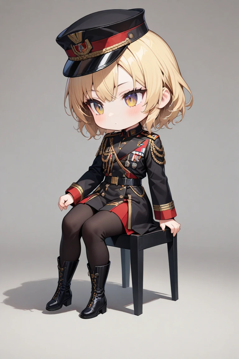 (masterpiece), (high detail),1girl, solo, blond hair,  body,  simple background, from front, good hand,look away, obilonian empire, obilonian empire military uniform,sitting, hat, <lora:Obilonian_Empire_Military_Uniform:0.8>, chibi, high detail eye, sd chibi,