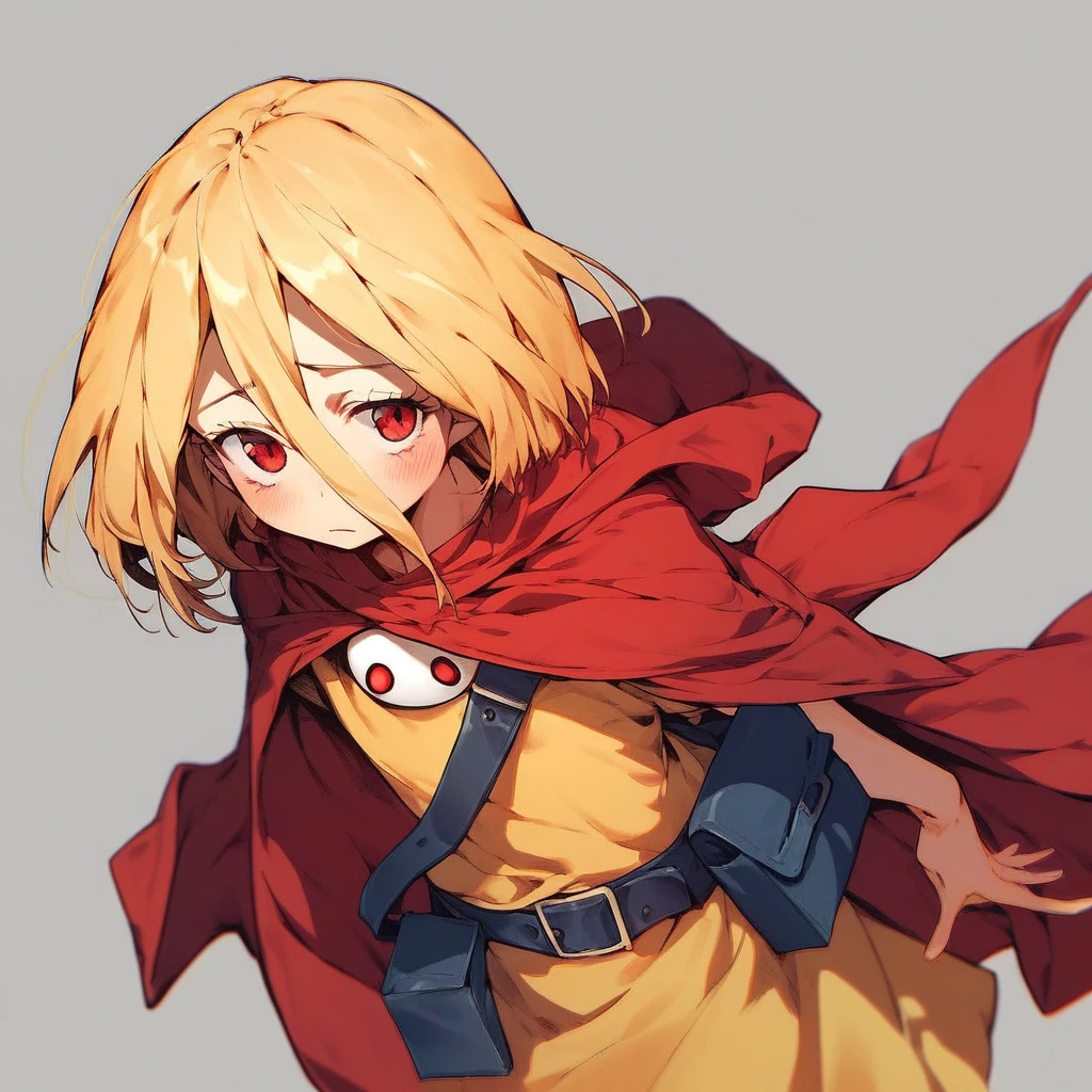 score_9, score_8_up, score_7_up, score_6_up,  Kenos-Fasris-Invern, Evileye, Overlord-LN, 1girl, solo, looking at viewer, blush, short hair, simple background, shirt, blonde hair, bob cut, red eyes, yellow dress, hair between eyes, closed mouth, belt, cape, cloak, pouch, red cape, belt pouch, sensitive