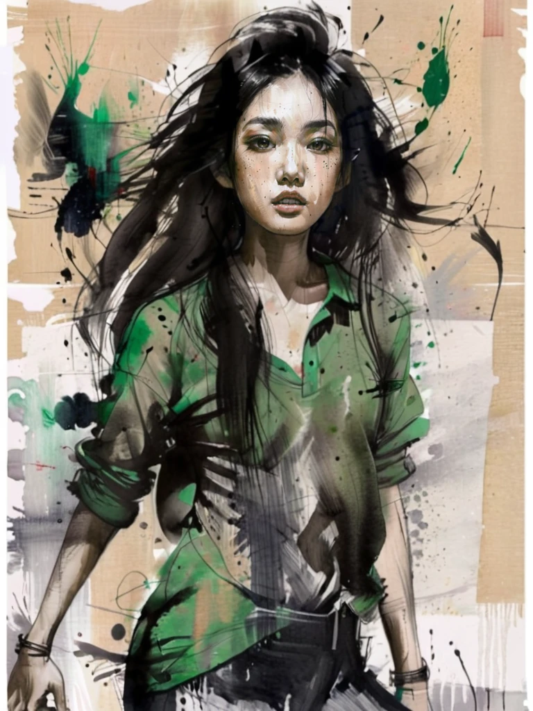 ink painting a full body shot of a asian girl with long black hair wearing a green shirt looking alluring away style by RM <lora:russ-mills-style:1>