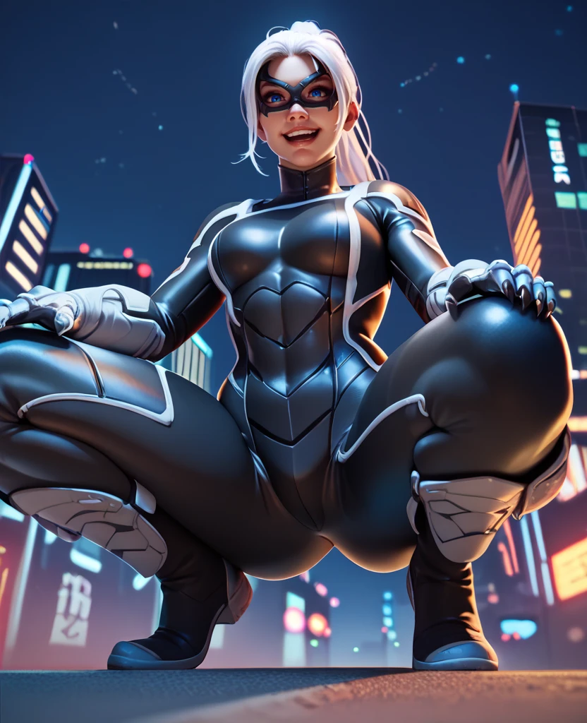 score_9,score_8_up,score_7_up,score_6_up,blckctXL,white hair,ponytail,blue eyes,black  bodysuit,domino mask,looking at viewer,standing,
gloves,from below,squatting,open mouth,smile,
night,city,<lora:BlackcatXL_r1:0.8>,