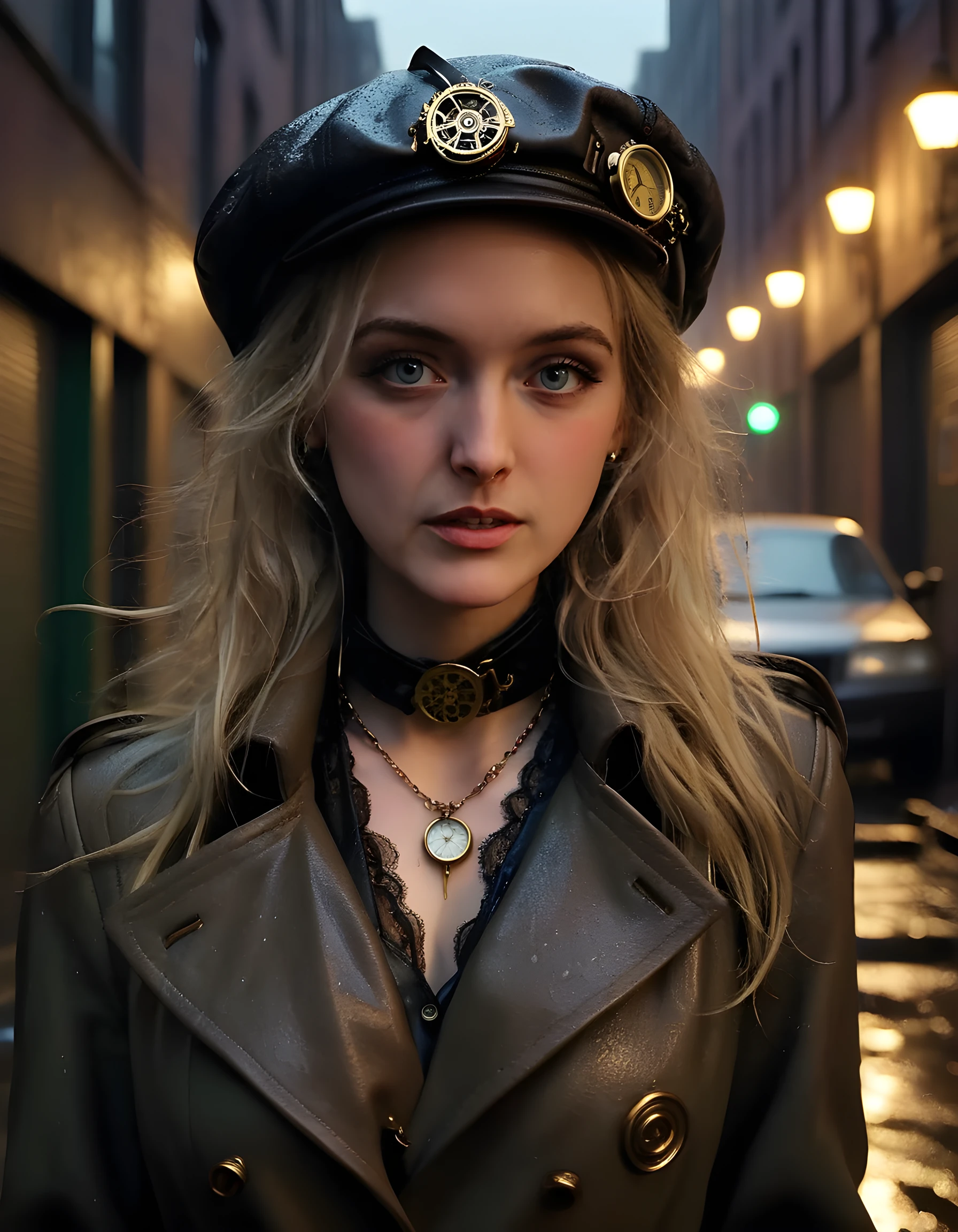 I50B3LH, In a gritty, neo-noir setting of a dimly lit, rain-soaked alleyway in the heart of a bustling metropolis at twilight, the camera captures a close-up image of a woman with long, wavy blonde hair cascading down her back, her face partially obscured by a beanie adorned with intricate, steampunk-inspired design. Her piercing green eyes are framed by thick, dark eyeliner and smoky mascara, giving her an enigmatic air. A single strand of hair falls across her forehead, catching the soft, yellow glow of a nearby streetlamp. She wears a vintage, leather trench coat with brass accents, cinched at the waist by a large belt buckle shaped like a cogwheel. The coat is open to reveal an intricate corset underneath, adorned with lace and gemstones. Her arms are crossed over her chest, one hand clutching a vintage pocket watch, while the other rests on a matching leather satchel slung across her body. A delicate chain necklace with a large, crystalline pendant hangs around her neck. The overall effect is one of mystery, intrigue, and tough resilience in the face of the city's grime and chaos.