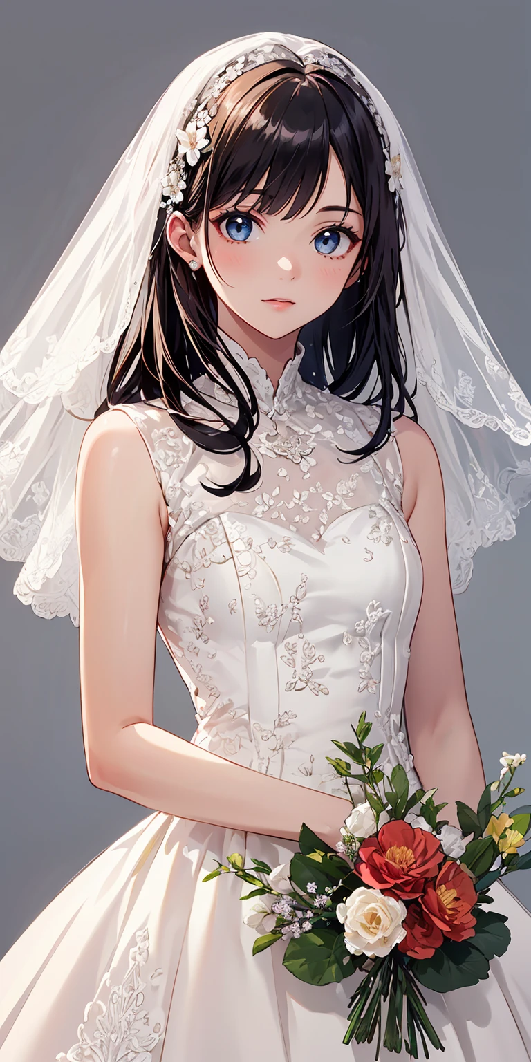 masterpiece,ultra-detailed,best quality,8K,illustration,cute face,clean skin ,shiny hair,girl,simple background , <lora:wedding dress_SD_V1.0:0.7> wedding dress, flower,cowboy shot