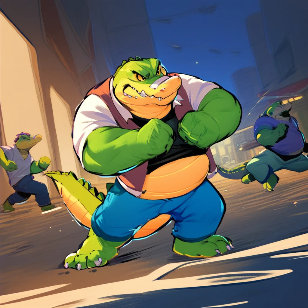 score_9, score_8_up, score_7_up, score_6_up, score_5_up, score_4_up, brok, alligator, green skin, yellow scaly belly, chubby, bandage, shirt, jeans, vest, purple vest, fighting, night setting, street background, fighting stance