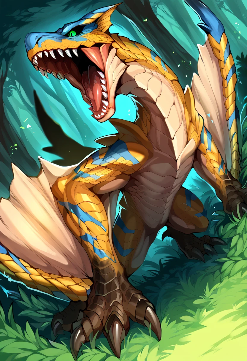 <lora:MH_Tigrex_a1_1_PonyXL_spnckpt1_th-1.4>,<lora:PDXL_artist_tags_v2_big>,<lora:XDetail_light:1>,score_9,score_8_up,score_7_up,tigrex,feral,by zackary911,by syuro,by hanuvo,solo,hi res,detailed background,forest,
green eyes,no sclera,(slit pupils:0.7),winged arms,sharp teeth,open mouth,three-quarter view,dutch angle,