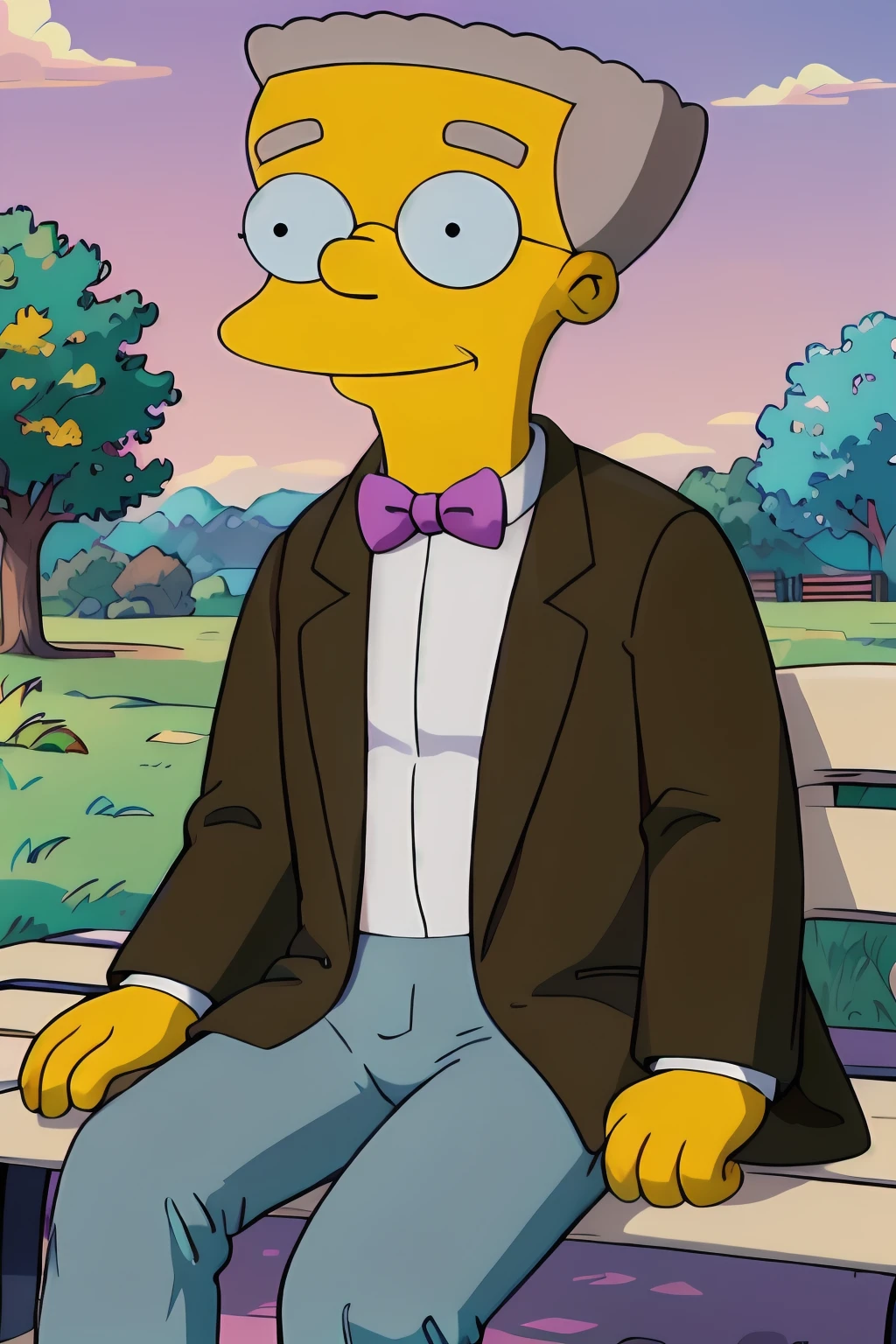 <lora:SC-TS_WaylonSmithers:0.9>, w4yl0ns, masterpiece, best quality, 1boy, the simpsons, yellow skin, 4 fingers, black eyes, round eyewear, round eyes, dot pupils, grey hair, short hair, jacket, bowtie, collared shirt, pants, smile, closed mouth, cowboy shot, outdoors, sitting on a bench on a park at sunset