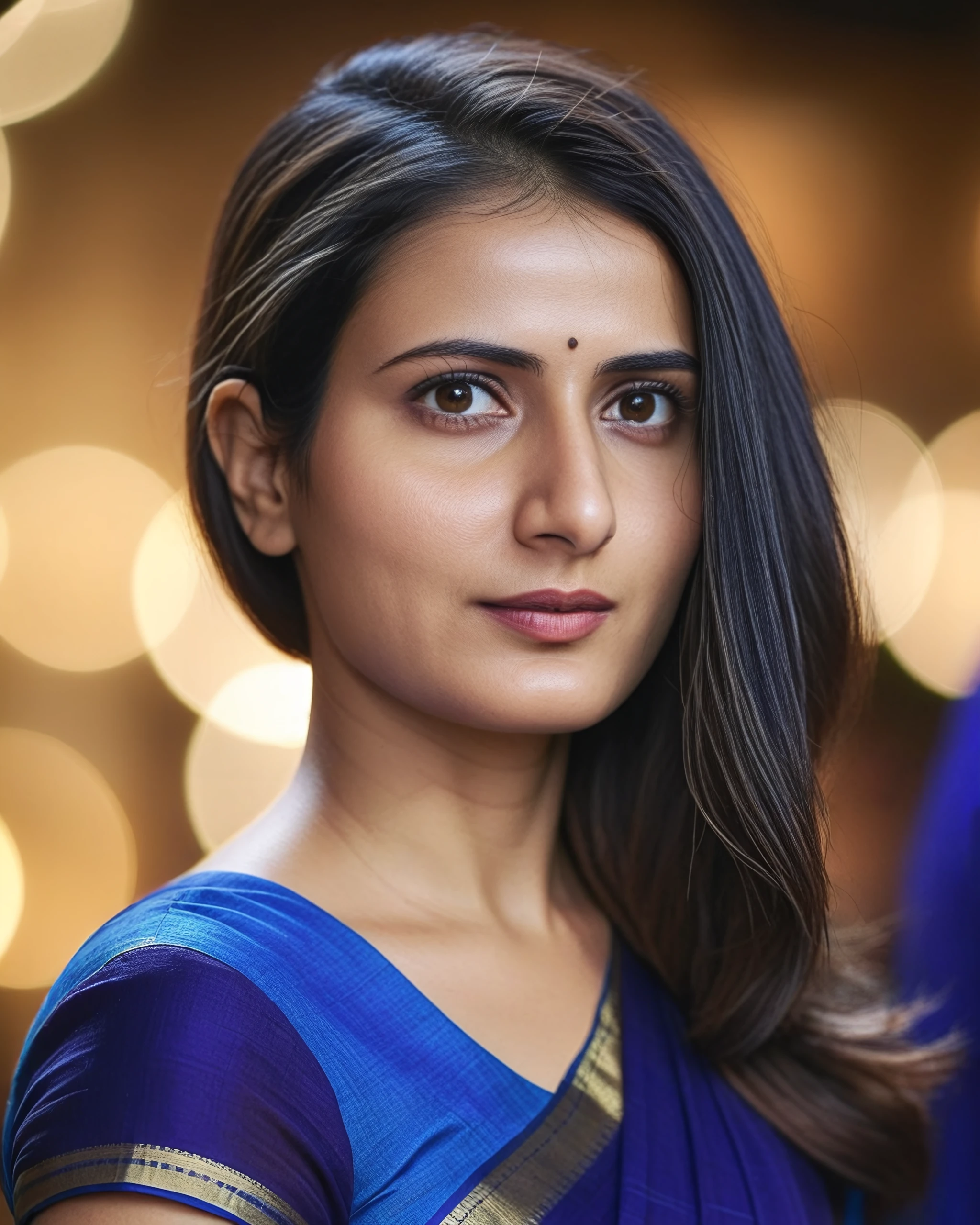 portrait photo of Fatima woman, solo, tightly tied hair hair cut, , looking at the camera,  Indigo saree and blouse, night time, contrasting background bokeh,  skindentation,  <lora:Fatima_SDXL_LoRA_prodigy_local_xformers_HNE:1>