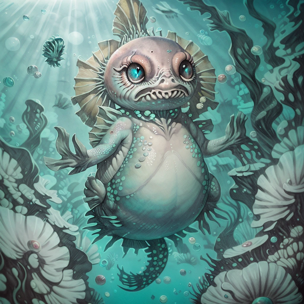 (evang) underwater concert creature art ,bubbles, scales, detailed eyes <Pencil_SD1:1> <add_detail:0.37>