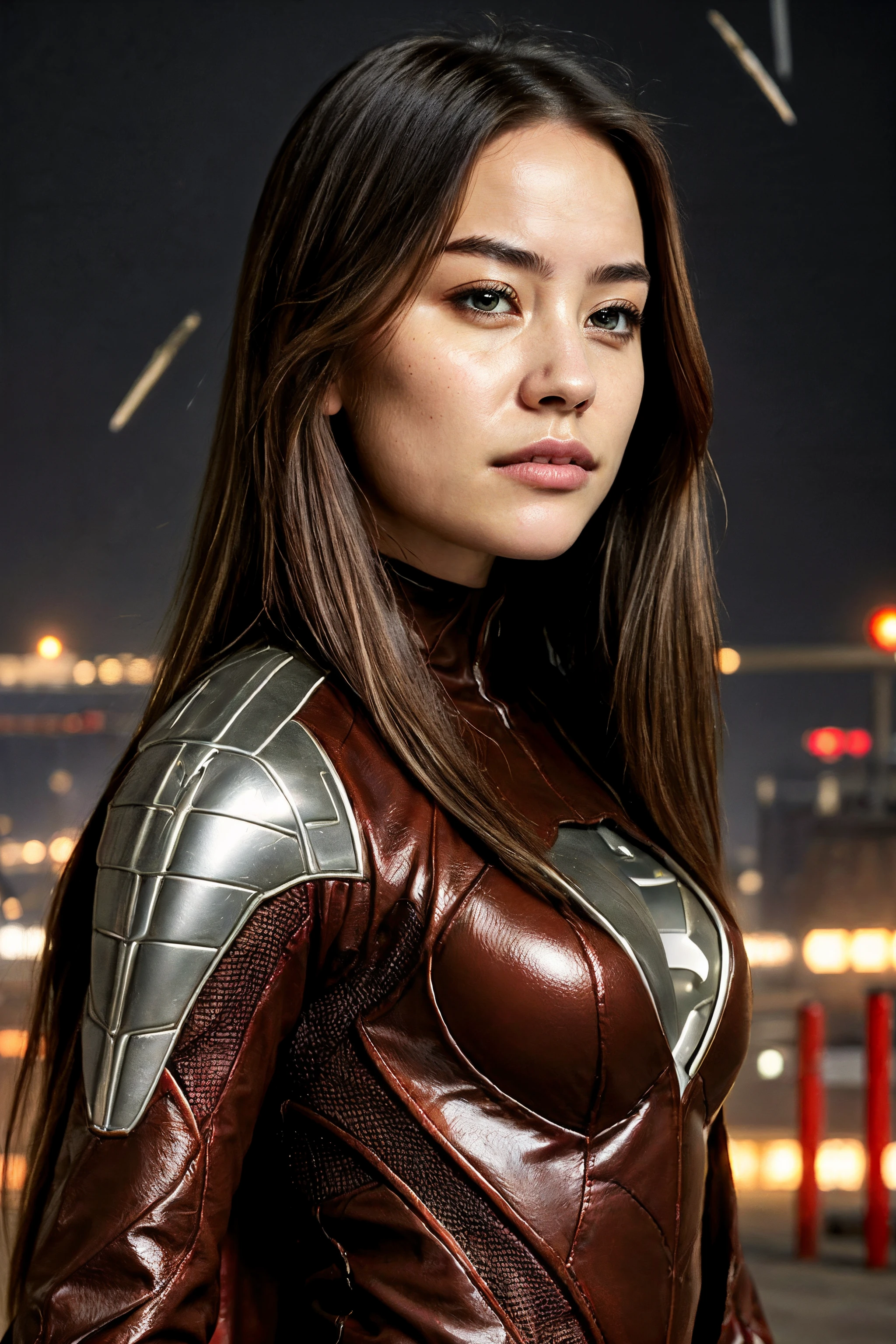 potasticp, 1girl, solo, long_hair, looking_at_viewer, brown_hair, brown_eyes, apocalips_background, storm_background, (superhero_suit:1.2), (superhero_landing:1.2), cape, lips, realistic,