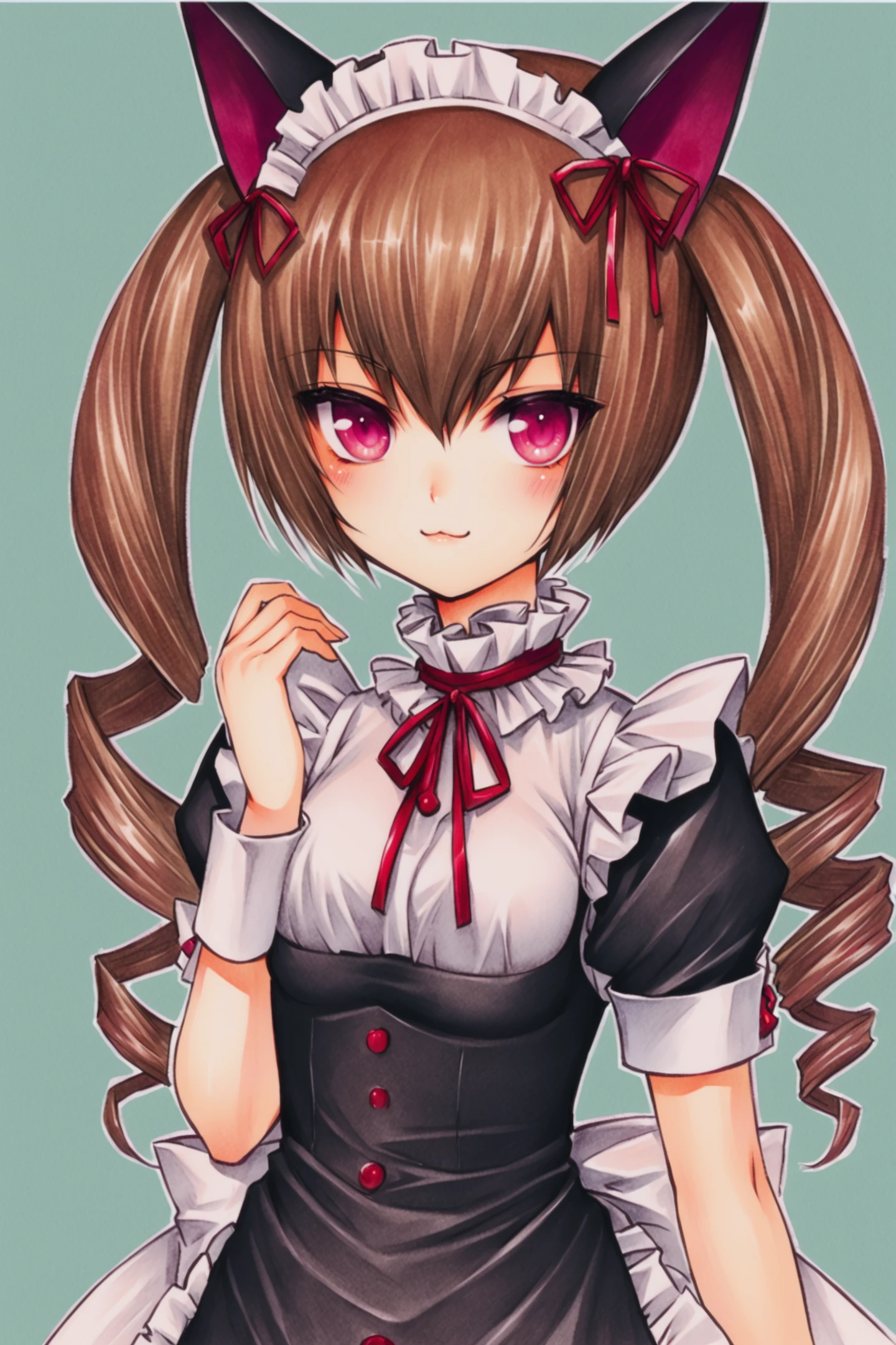 Akiha Rumiho,1girl,solo,animal ears,cat ears,brown hair,drill hair,maid headdress,twintails,pink eyes,maid,ribbon,:3,twin drills,traditional media,
<lora:huke_XL:0.8>,