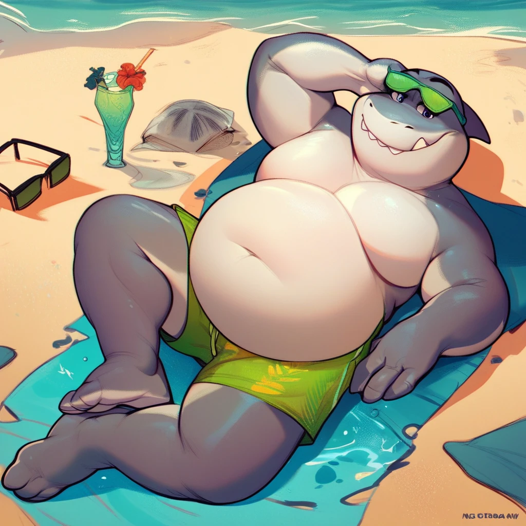 score_9, score_8_up, score_7_up, score_6_up, score_5_up, score_4_up, mrshark, shark, cartoon, chubby, fat, three toes, outside, beach background, beach scenery, water, relaxing, laying down, looking at viewer, sunglasses, barefoot,