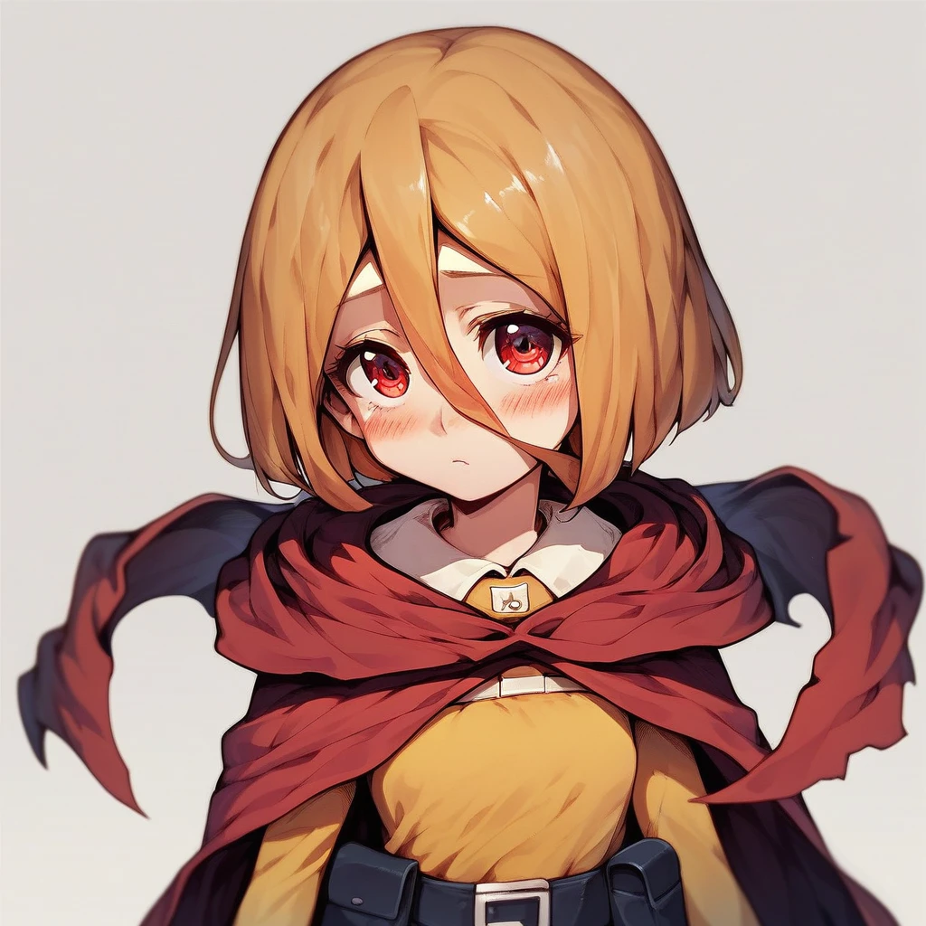 score_9, score_8_up, score_7_up, score_6_up,  Kenos-Fasris-Invern, Evileye, Overlord-LN, 1girl, solo, looking at viewer, blush, short hair, simple background, shirt, blonde hair, bob cut, red eyes, yellow dress, hair between eyes, closed mouth, belt, cape, cloak, pouch, red cape, belt pouch, sensitive