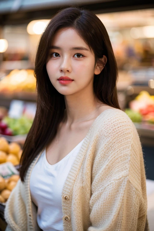 masterpiece, best quality, ultra-detailed, ultra high res, (photorealistic:1.4), raw photo, (realistic:0.2), 8k HDR, realistic cool temperature lighting, 1girl, solo, asymmetrical hair, outdoor, (traditional market:1.2), bokeh, (detailed lips), (detailed pores), (detailed skin textures), (detailed face:1.2), (upper body:1.2), a woman in a cardigans, promotional image, a character portrait,