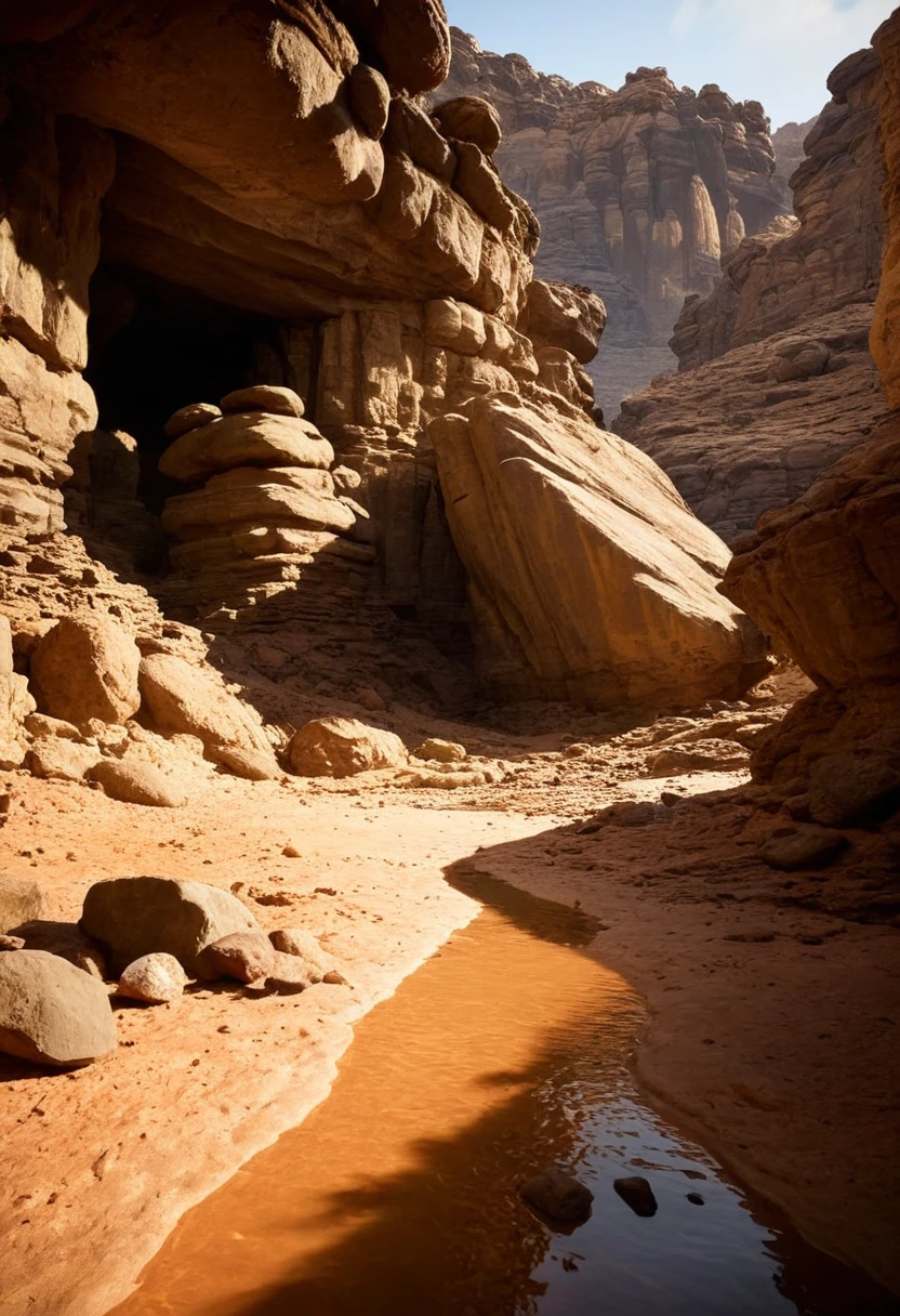  beautiful environment, reflections, realistic lighting, shadows, warm lighting, depth of field, desert, cave structures, large rocks,