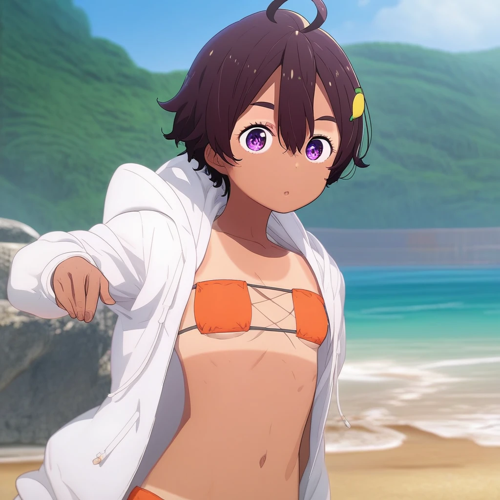 Solo, 1girl, female, young, yakishio remon, brown hair, short hair, ahoge, bangs, hair between eyes, hair ornament, food-themed hair ornament, purple eyes, small breast, dark skin, dark-skinned female, tan, tanlines, cute face, detailed eyes, slender body,  perfect anatomy, detailed skin, detailed eyes, detailed lips, perfect hands, perfect face, :O, BREAK bikini, eyepatch bikini, orange bikini, sandals, white hoodie, hood down, BREAK standing, outdoors, beach, colorful, day, looking at viewer, portrait,BREAK ((ultra-detailed)), ((best quality)), ((best quality)), ((beautiful eyes)), ((extremely detailed)), 4K, (8K), best quality, (beautiful), Master piece, highres, score_9, score_8_up, score_7_up, score_6_up, score_5_up, score_4_up, colorful, best quality, official art, highres, masterpiece, nai3, god light, detailed background, high quality background,