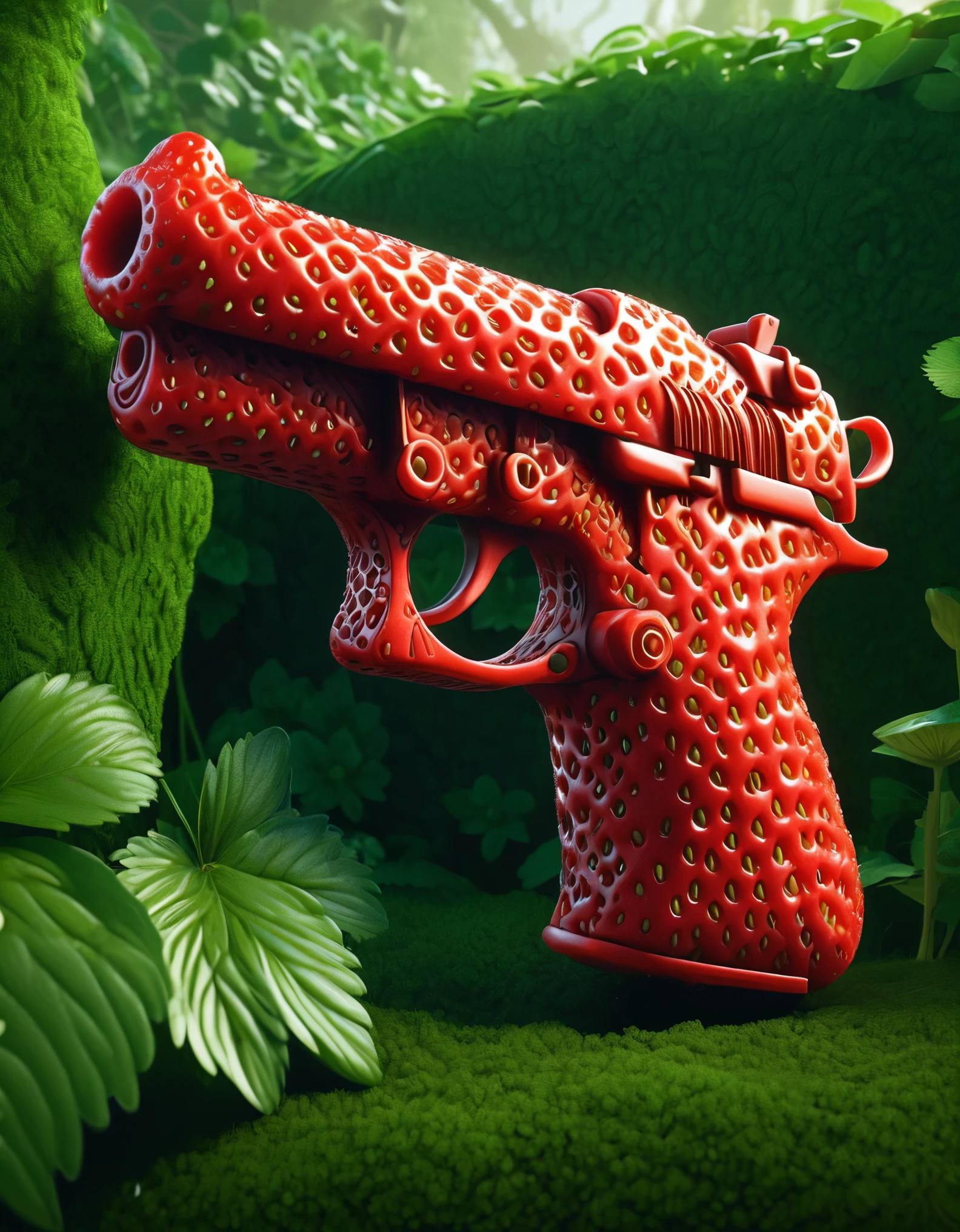 petro-strwberr, strawberry shaped like a gun ,a fantasy magical garden,green leaves of strawberry in background, , natural light, intricate details, cinematic composition, trending on zbrush central, realistic 3 d render, detailed digital 3d art,
