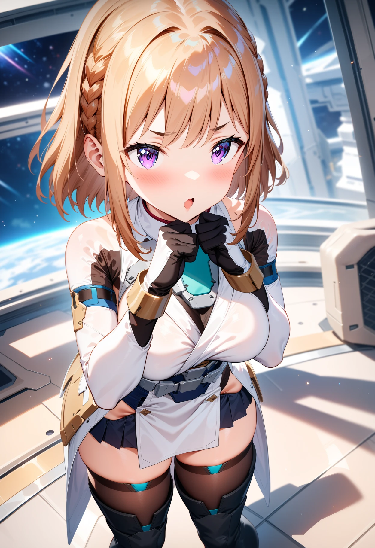 masterpiece,best quality,very aesthetic,absurdres,intricate details,rim light,1girl,
<lora:shiina_V4_6:1>,shiina,futumushi,black thigh boots,<lora:Fixhands_anime_bdsqlsz_V1:1>,
Space Station,starry_sky,light_blush,cowboy_shot,standing,front view,intricate details,light_blush,Space Station,starry_sky,flying,cinematic_angle,looking_at_viewer,:o,(clenched hands, hands on own chin),pov,, masterpiece,best quality, very aesthetic, absurdres, ultra detailed, high resolution, 4k, extremely detailed CG,