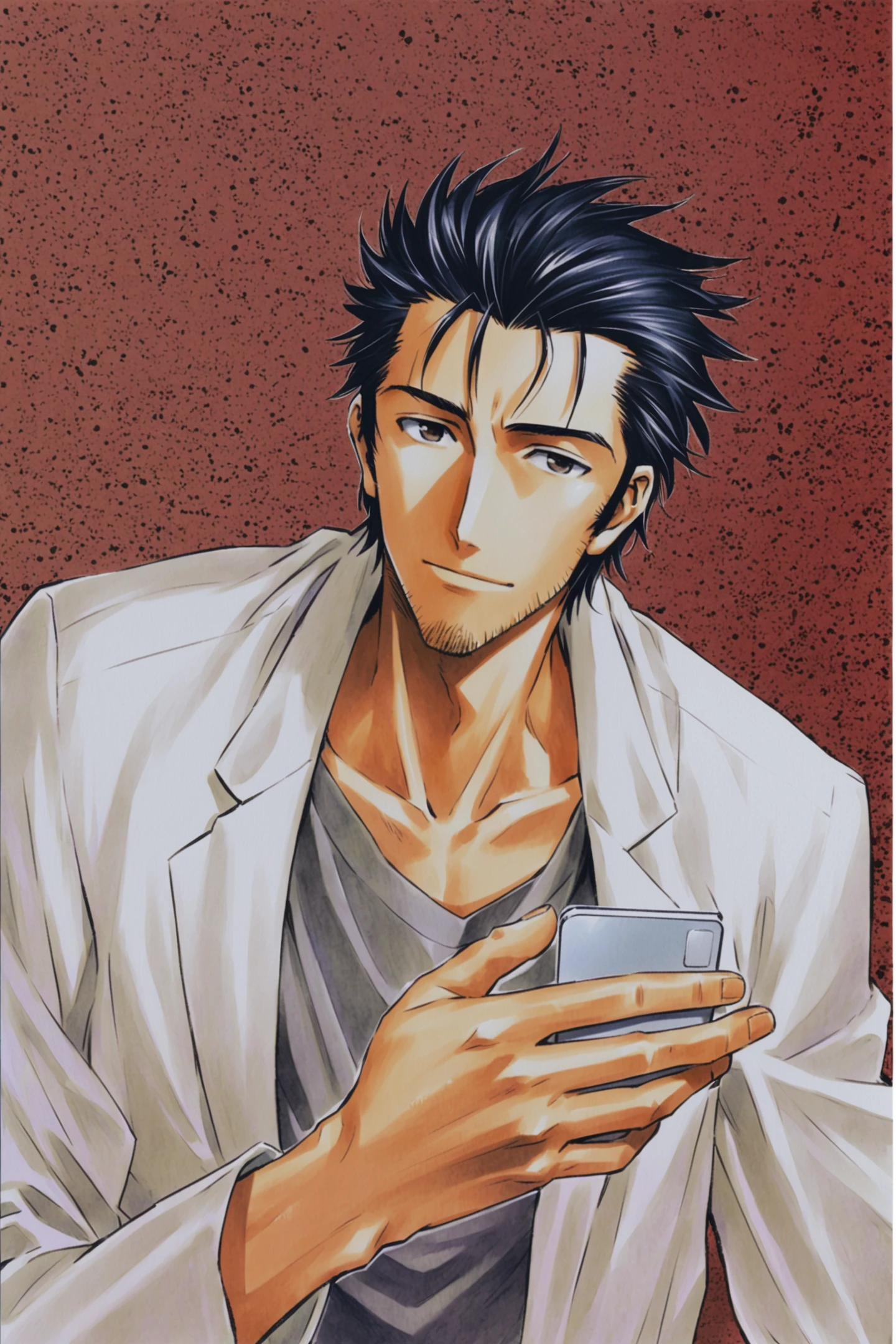 okabe rintarou,1boy,solo,male focus,black hair,phone,cellphone,labcoat,stubble,facial hair,traditional media,
<lora:huke_XL:0.8>,