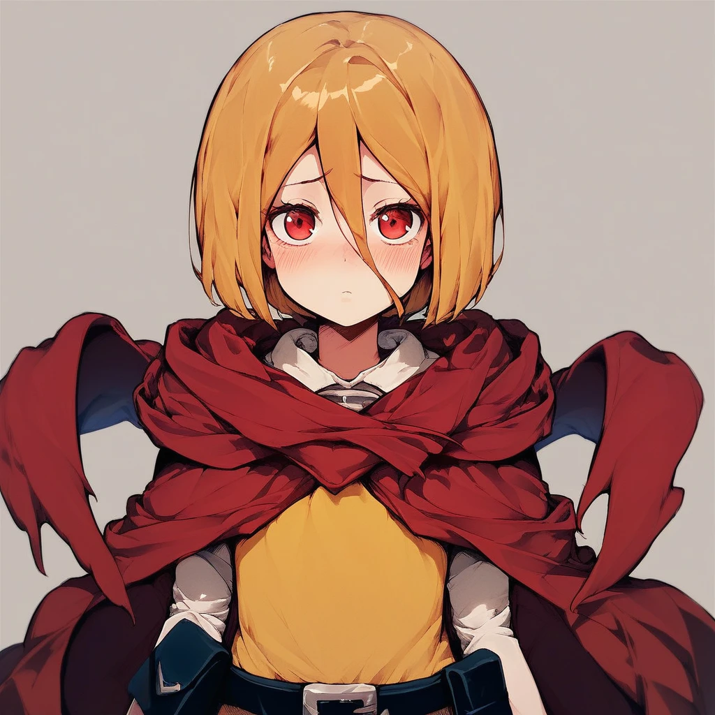 score_9, score_8_up, score_7_up, score_6_up,  Kenos-Fasris-Invern, Evileye, Overlord-LN, 1girl, solo, looking at viewer, blush, short hair, simple background, shirt, blonde hair, bob cut, red eyes, yellow dress, hair between eyes, closed mouth, belt, cape, cloak, pouch, red cape, belt pouch, sensitive