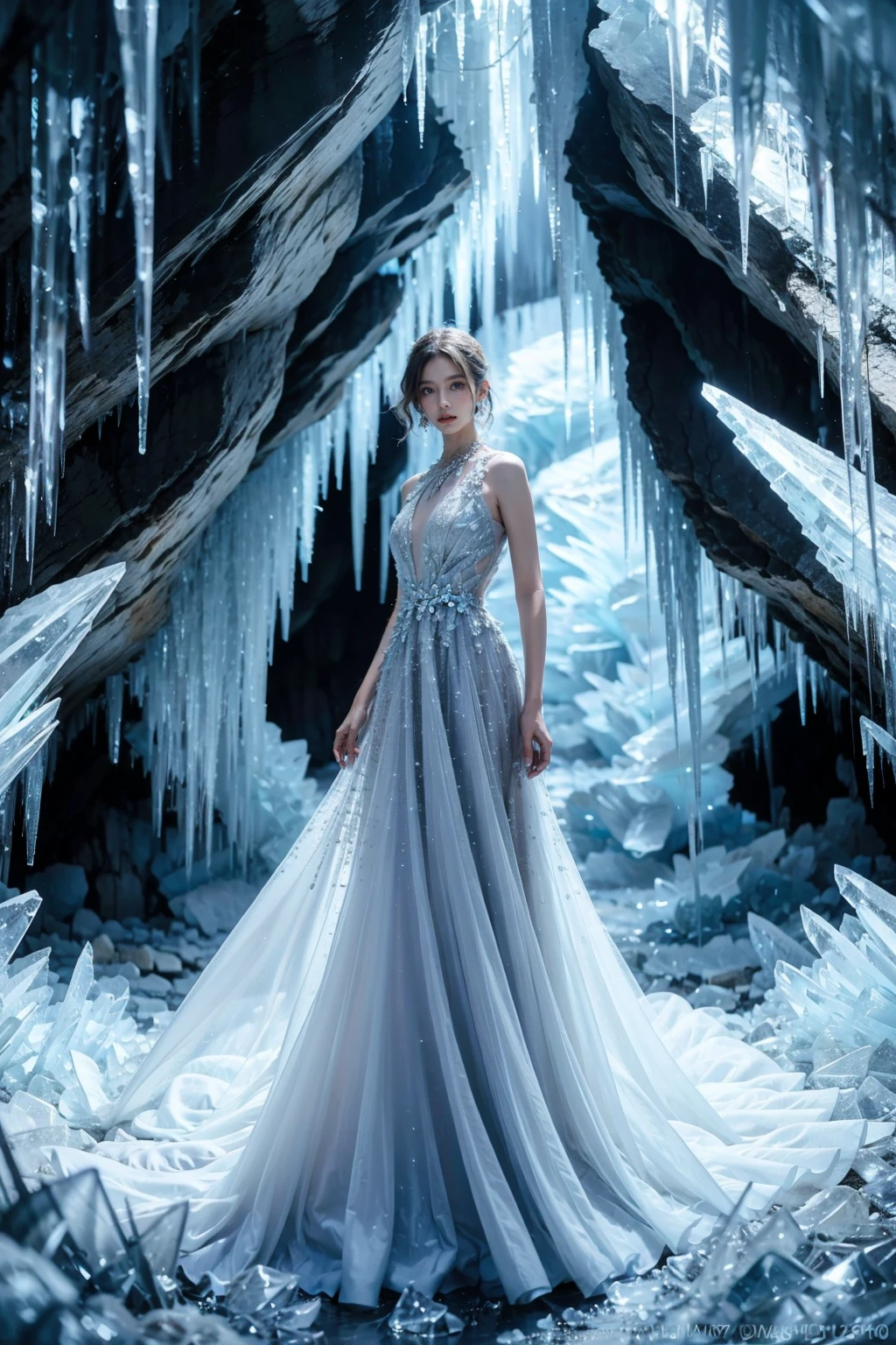 The image is a creative composition featuring a woman in an elegant dress set against the backdrop of an icy cave. It seems to be digitally altered, merging elements of fantasy and fashion photography, ice queen, <lora:JAY - ICE QUEEN:0.8>