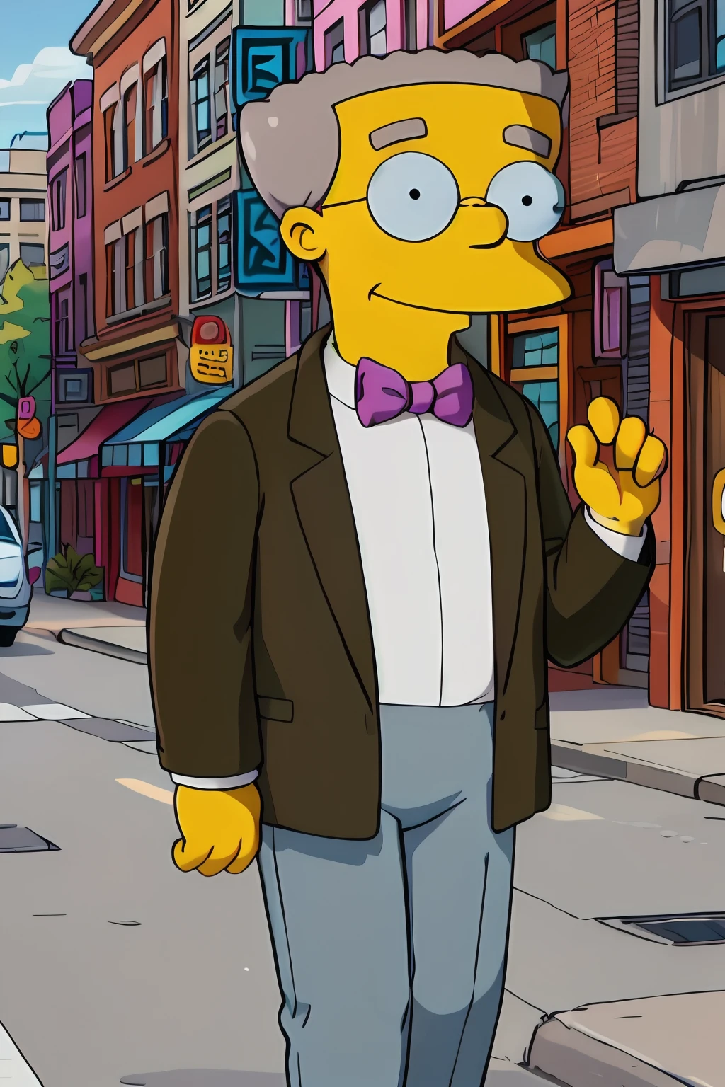 <lora:SC-TS_WaylonSmithers:0.9>, w4yl0ns, masterpiece, best quality, 1boy, the simpsons, yellow skin, 4 fingers, black eyes, round eyewear, round eyes, dot pupils, grey hair, short hair, jacket, bowtie, collared shirt, pants, smile, closed mouth, cowboy shot, outdoors, standing on the park, hands in pockets