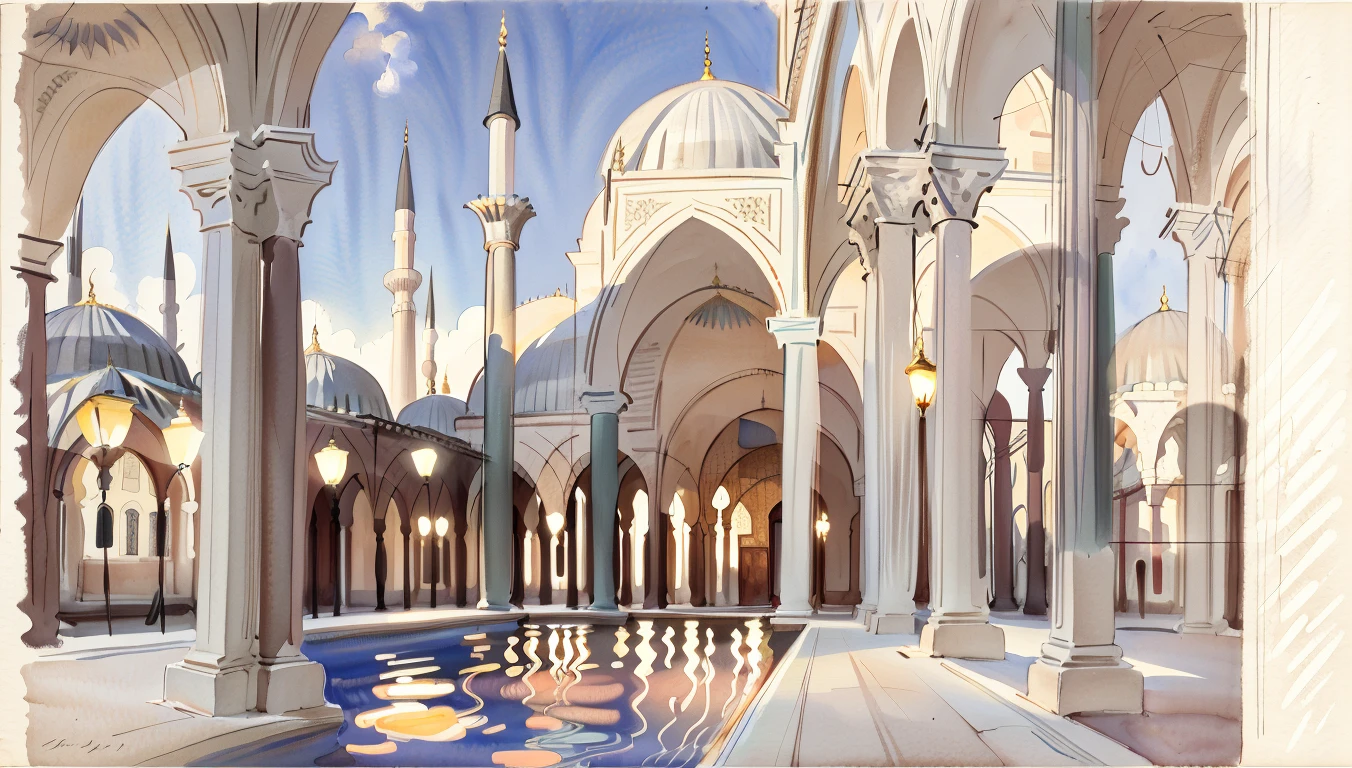 best quality,masterpiece,highly detailed,ultra-detailed, 
 <lora:neg9V2_last:0.7>      <lora:watercolor sketch:1> watercolor sketch by john-singer-sargent, 
Blue Mosque, Istanbul, Turkey, Middle Eastern culture, Winter, Blue Mosque at dusk with vibrant skies