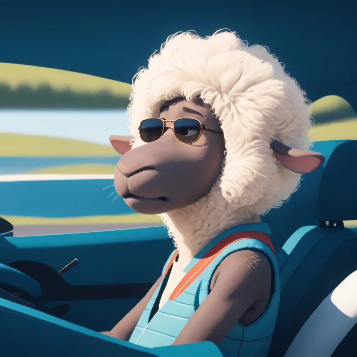 score_8_up, Eddie:1.3, sheep:1.3, 1boy, character focus, driving, blue convertible, gas station, wearing sunglasses, facing viewer, side view, close up