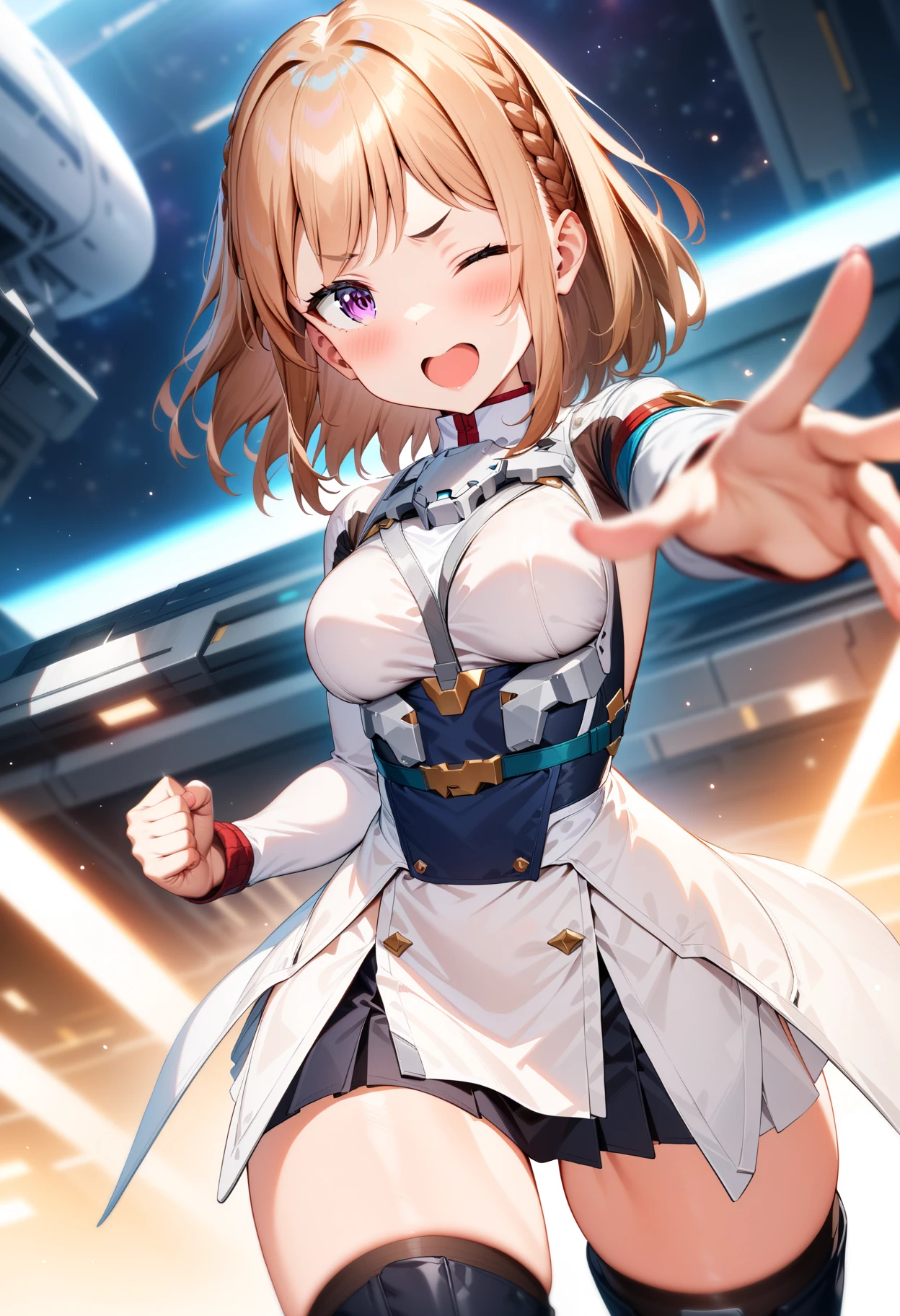 masterpiece,best quality,very aesthetic,absurdres,intricate details,rim light,1girl,
<lora:shiina_V4_6:1>,shiina,futumushi,black thigh boots,<lora:Fixhands_anime_bdsqlsz_V1:1>,
Space Station,starry_sky,close both eyes,eye closed,raised eyebrow,light_blush,outstretched arm(s),clenched hand,cowboy_shot,standing,laughing,sleepy,front view,, masterpiece,best quality, very aesthetic, absurdres, ultra detailed, high resolution, 4k, extremely detailed CG,