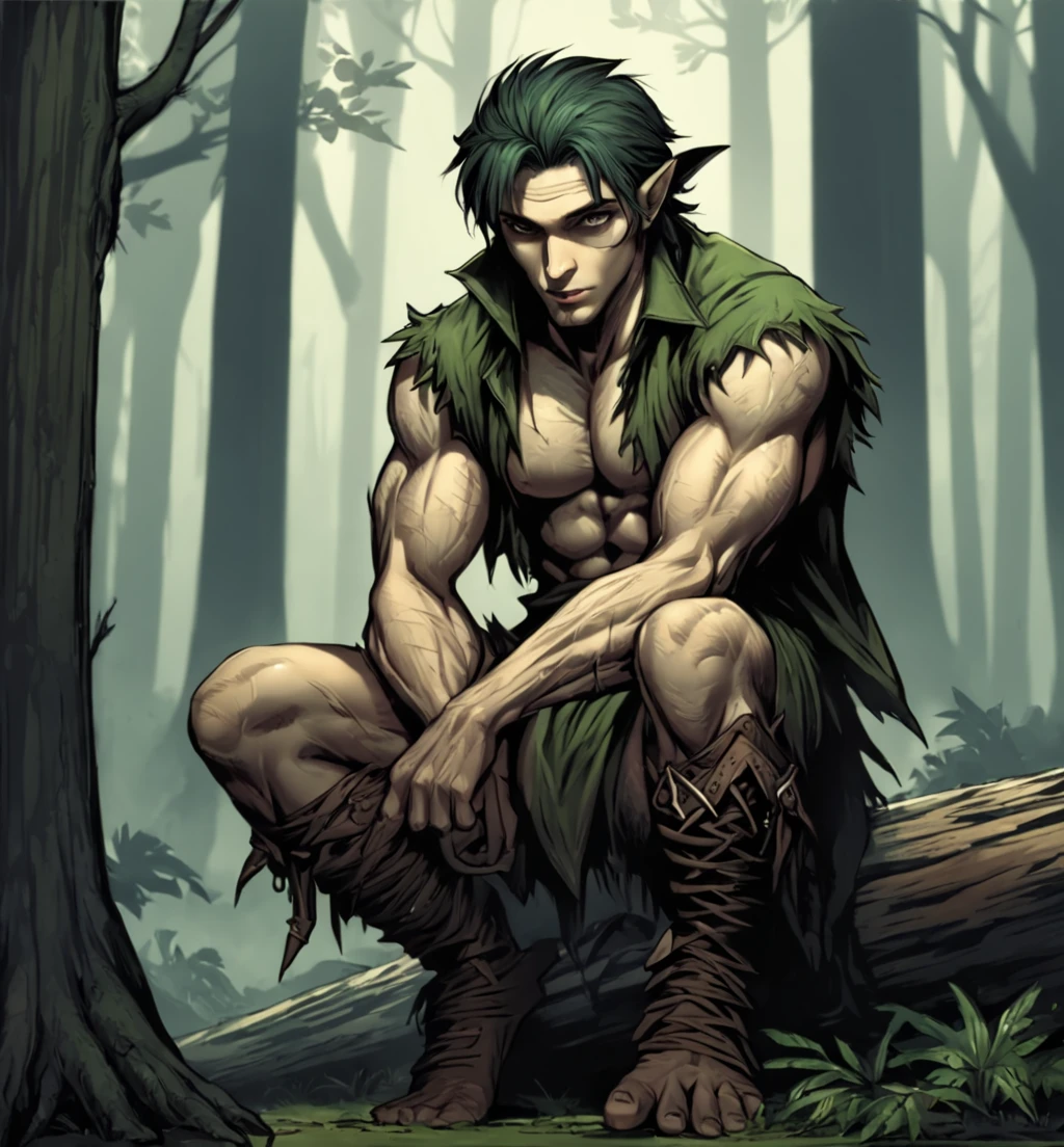 Angst design of a sexy elf man crouching next to log in forest