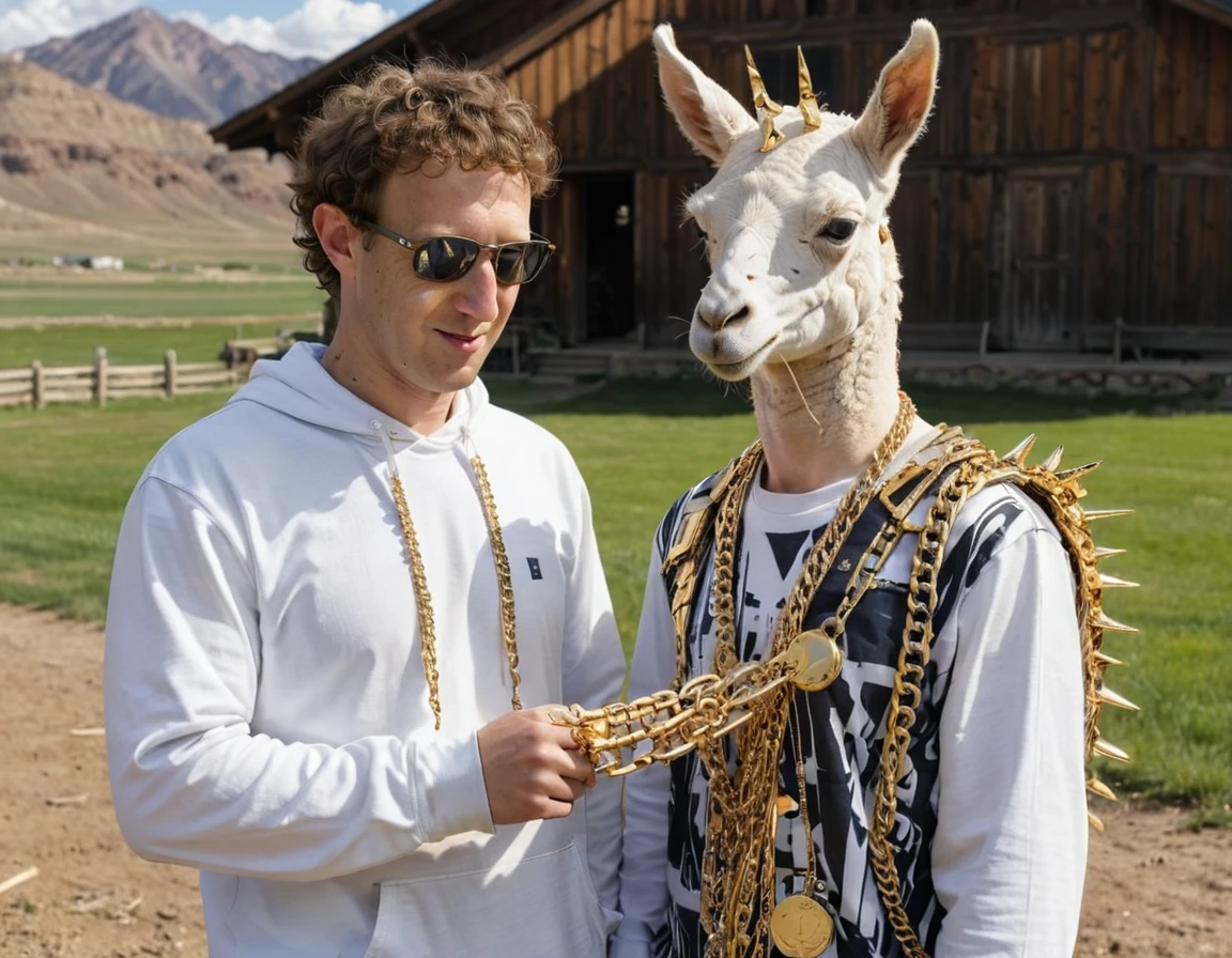 Closeup photograph of mzbrg person, wearing excessive amounts of gold chains, is posing with an electalien artstyle llama in Utah farmland.  <lora:Electric Alien - Trigger is ElectAlien Artstyle:1>  <lora:Mark Zuckerberg -Current day- Trigger is mzbrg person:1>