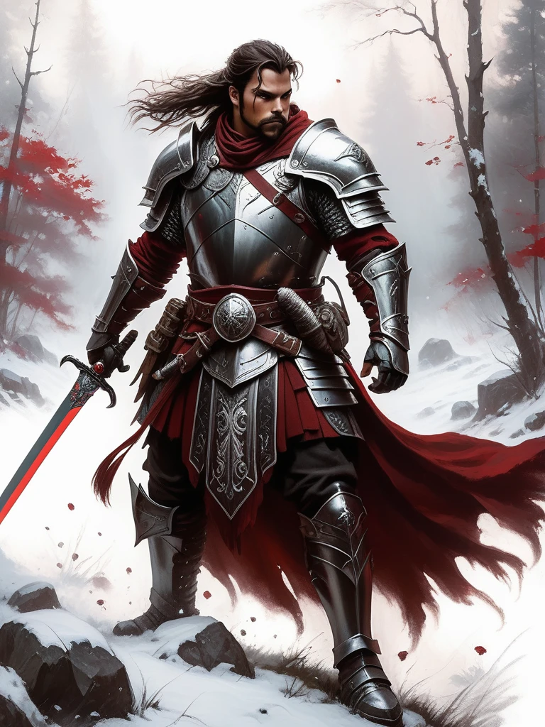 <lora:SS02ImpressionisticPainting_Hap_XL:1>,Thomas Kinkade style,  art by Antonio J Manzanedo. dark fantasy warrior standing battle-ready with a drawn sword in hand. black and white but deep red. white background