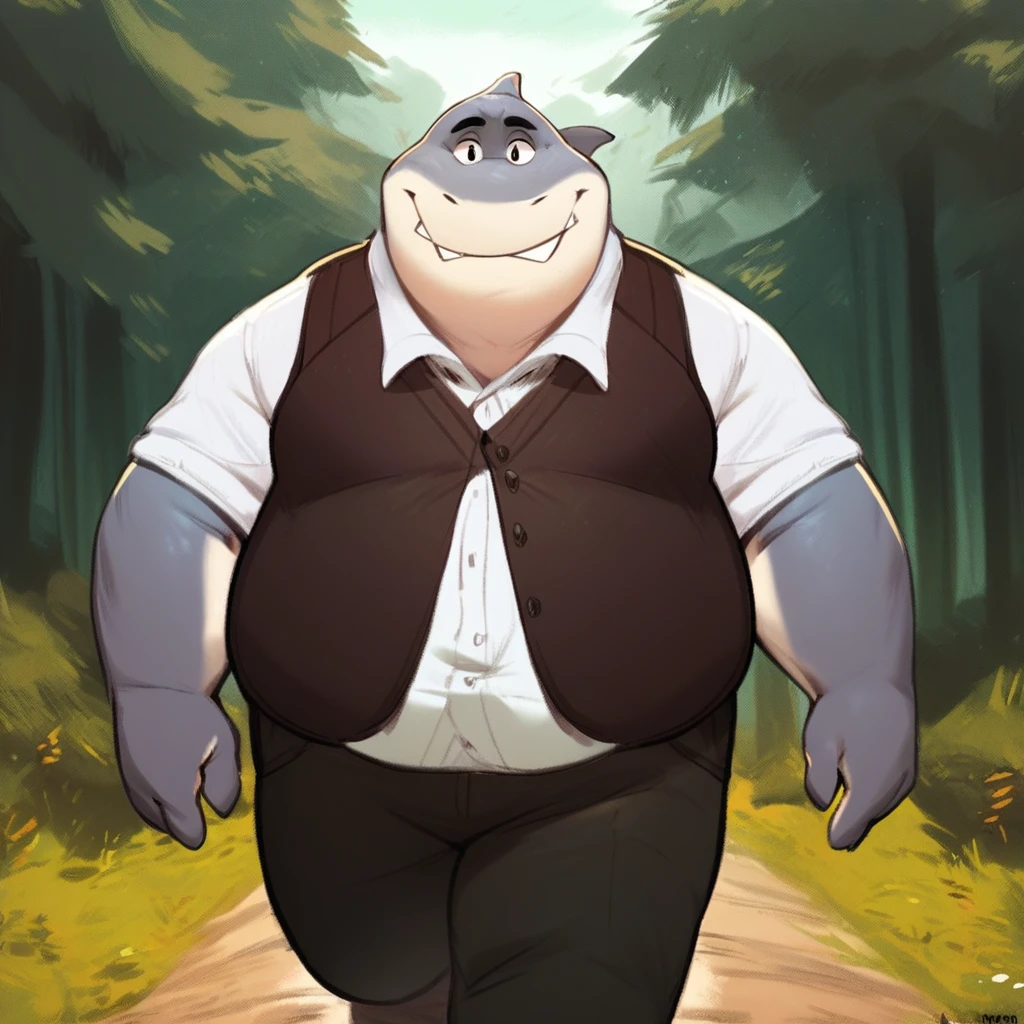 score_9, score_8_up, score_7_up, score_6_up, score_5_up, score_4_up, mrshark, shark, cartoon, chubby, fat, three toes, shirt, vest, pants, outside, forest background, forest scenery, wandering in the forest, walking, looking at viewer, smiling