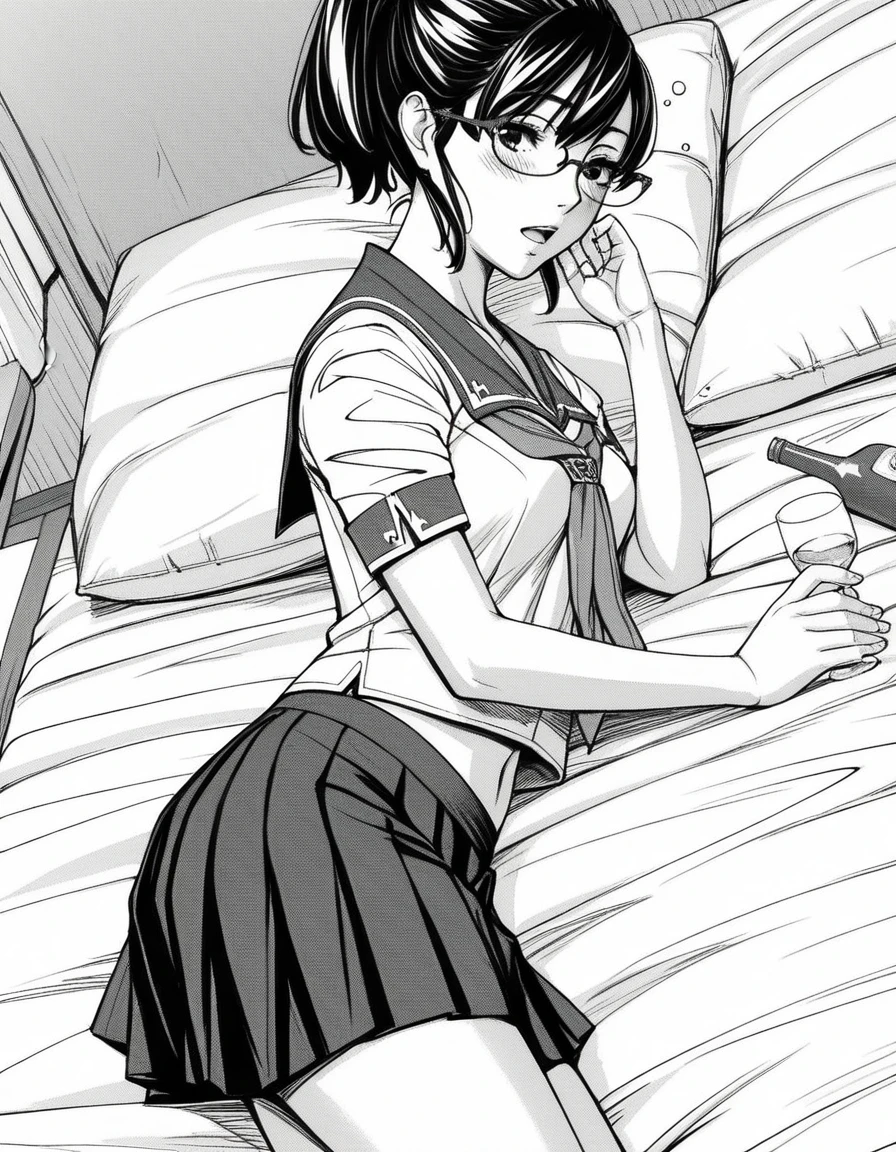 score_9, score_8_up, score_7_up, source_anime, <lora:mika-hayashi-manga-ponyxl-lora-nochekaiser:1>, mika hayashi, glasses, black hair, short hair, ponytail, monochrome, greyscale,, skirt, school uniform, pleated skirt, serafuku, neckerchief,, indoors, bed, bed room, on side, blush, drunk, looking at viewer, solo,, cowboy shot, dutch angle