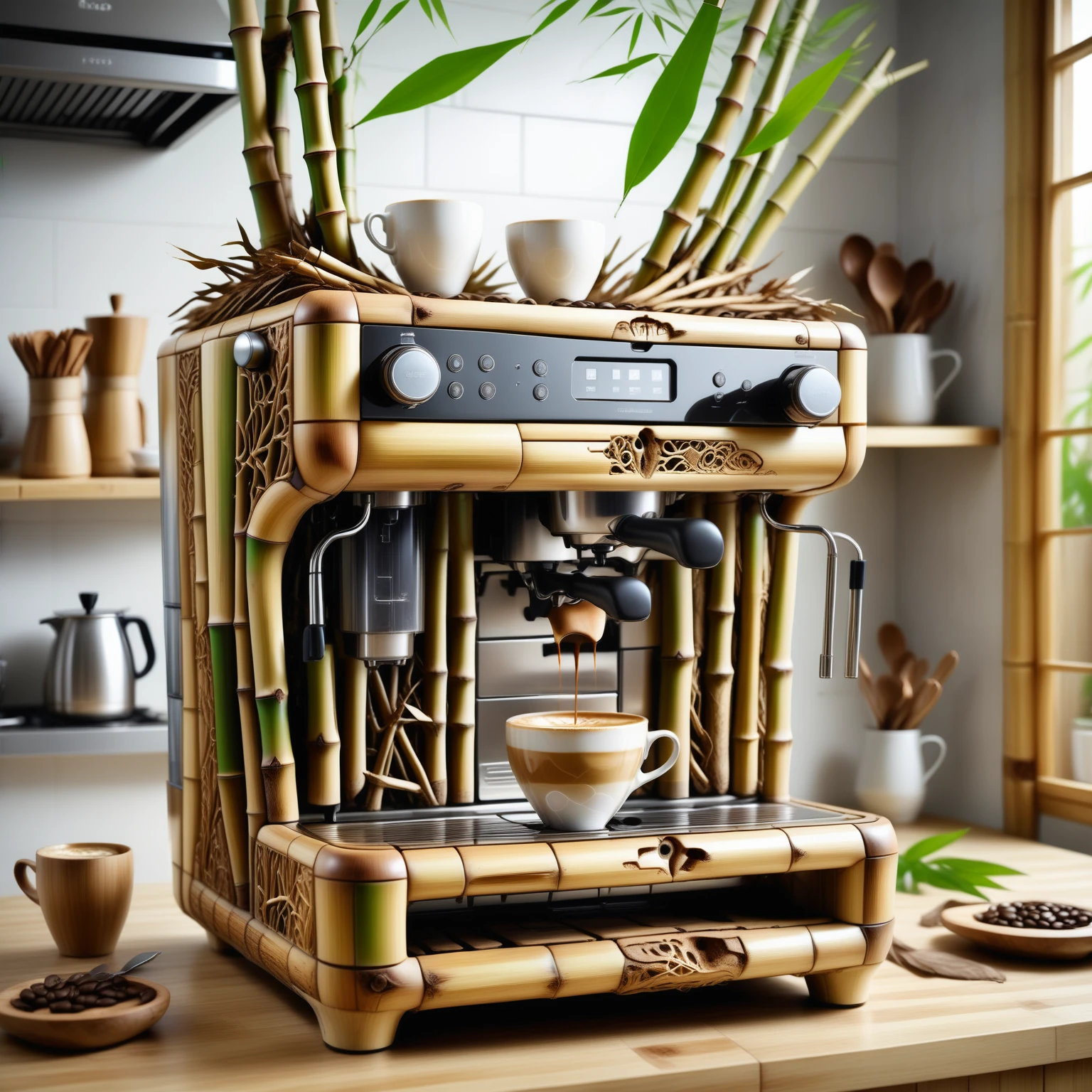 a coffee machine made out of Jed-Bmbrts, on a kitchen island in a modern kitchen , <lora:BambooRootsStyle:1>