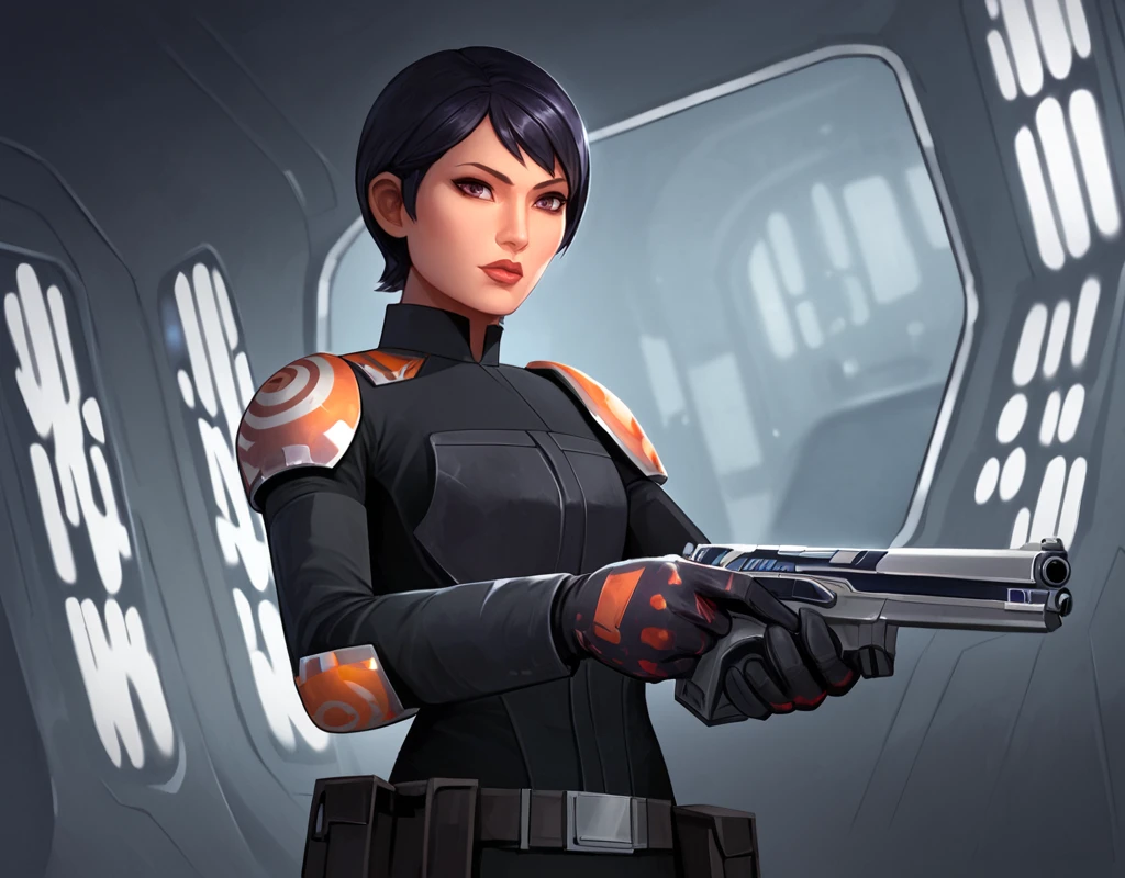 score_9, score_8_up, score_7_up, score_6_up,    <lora:Star_Wars_Sabine_Wren:1> Sabine-Wren, SW-Rebels, 1girl, solo, asian, short hair, gloves, holding, black hair, weapon, belt, holding weapon, blurry, imperial uniform, lips, gun, dutch angle, spacecraft interior, scifi, science fiction, star wars, holding gun, handgun, anime style, shoulder pads, sensitive