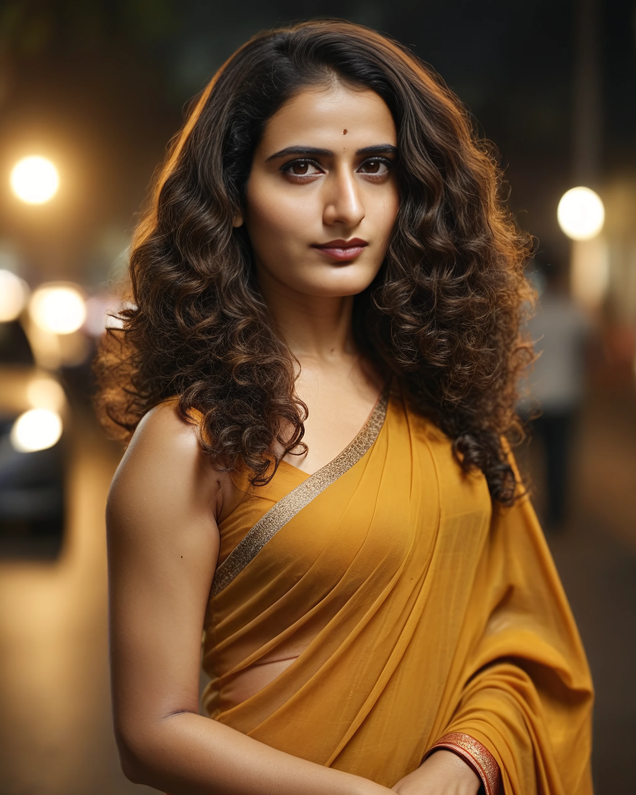 full body photo of Fatima woman, solo, curls hair cut, serious look, looking at the camera,  Ochre saree and blouse, night time, contrasting background bokeh,  skindentation,  <lora:Fatima_SDXL_LoRA_prodigy_local_xformers_HNE:1>