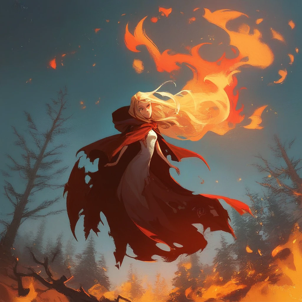 score_9, score_8_up, score_7_up, score_6_up,  Kenos-Fasris-Invern, Evileye, Overlord-LN, 1girl, solo, long hair, blonde hair, dress, outdoors, sky, hood, cape, tree, torn clothes, night, fire, cloak, hooded cloak, red cloak, sensitive