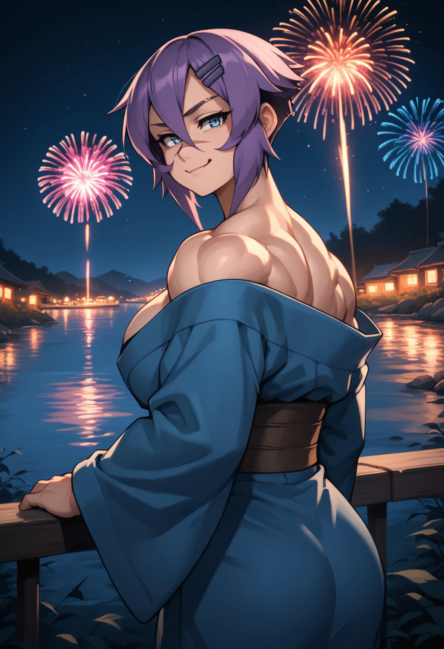 score_9, score_8_up, score_7_up, 1girl, mayaold, blue eyes, purple hair, short hair, hairclip, nose scar, eyebrow cut, large breasts, muscular female, 
blue kimono, off-shoulder kimono,
looking at viewer, looking back, smile, smug, bedroom eyes, cowboy shot, rear view,
outdoors, night, dark, fireworks, river,
<lora:Maya-OldStyle-Roadi3-PDXL_V1-Manityro-CAME:1.0>,