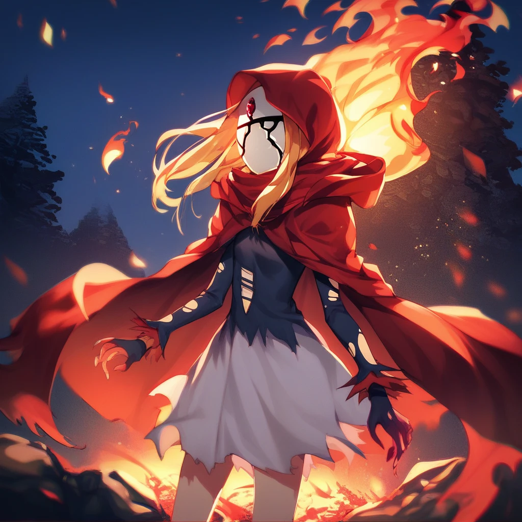 score_9, score_8_up, score_7_up, score_6_up,  Kenos-Fasris-Invern, Evileye, Overlord-LN, 1girl, solo, long hair, blonde hair, dress, outdoors, sky, hood, cape, tree, torn clothes, night, fire, cloak, hooded cloak, red cloak, sensitive