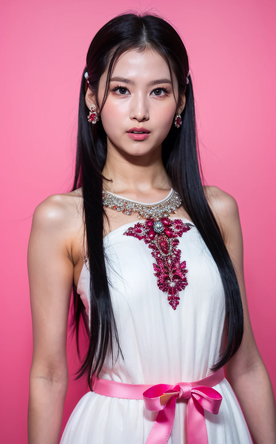 <lora:Sana_V1:1> $@n@,, , (realistic), (hyperrealism), (photorealistic:1.4), 1girl, black hair, dress, hair ornament, lips, looking at viewer, makeup, pink background, realistic, ribbon, sleeveless, solo, standing, white dress