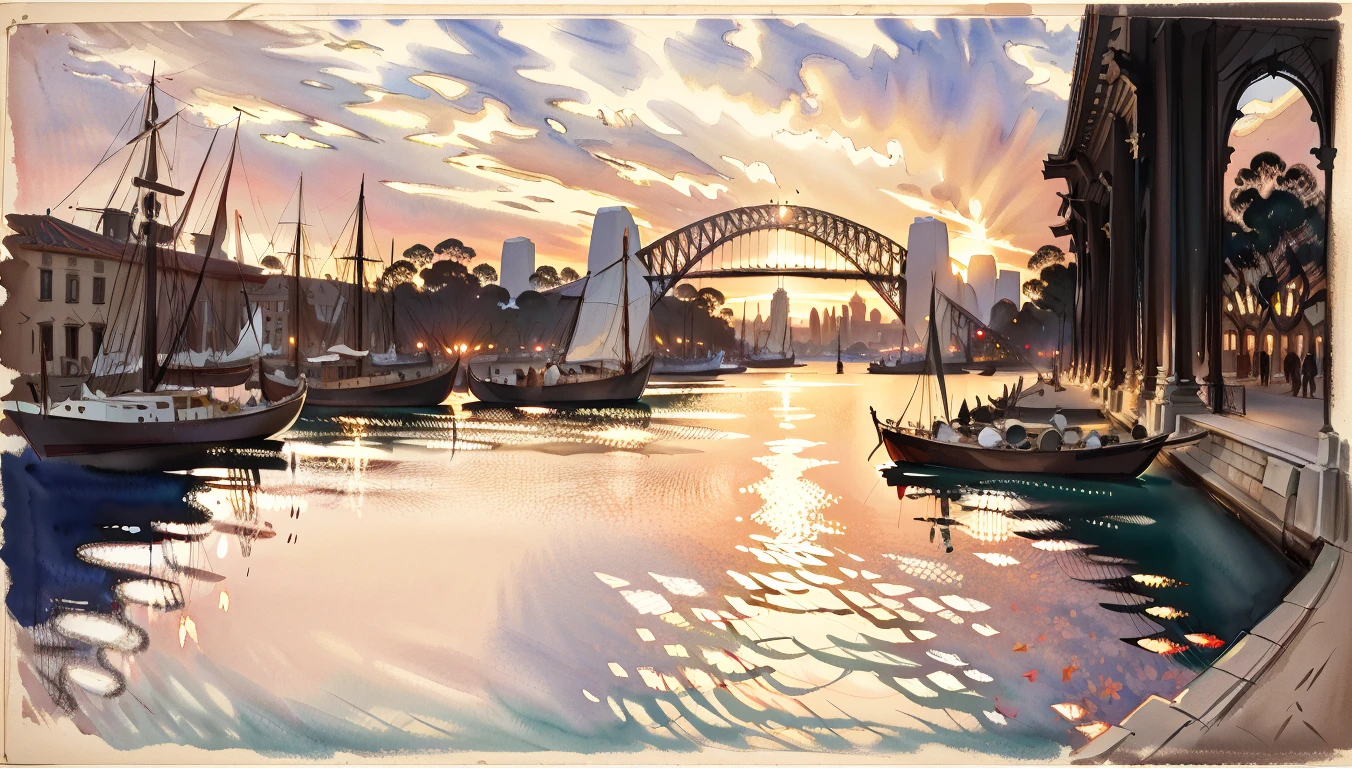 best quality,masterpiece,highly detailed,ultra-detailed, 
 <lora:neg9V2_last:0.7>      <lora:watercolor sketch:1> watercolor sketch by john-singer-sargent, 
Sydney Harbour Bridge, Sydney, Australia, Western culture, Autumn, Sydney Harbour Bridge at sunset