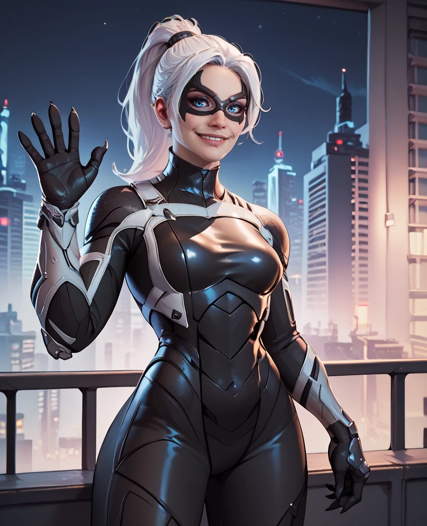 score_9,score_8_up,score_7_up,score_6_up,blckctXL,white hair,ponytail,blue eyes,black  bodysuit,domino mask,light smile,looking at viewer,standing,night,cityscape,<lora:BlackcatXL_r1:0.8>,waving gloves,