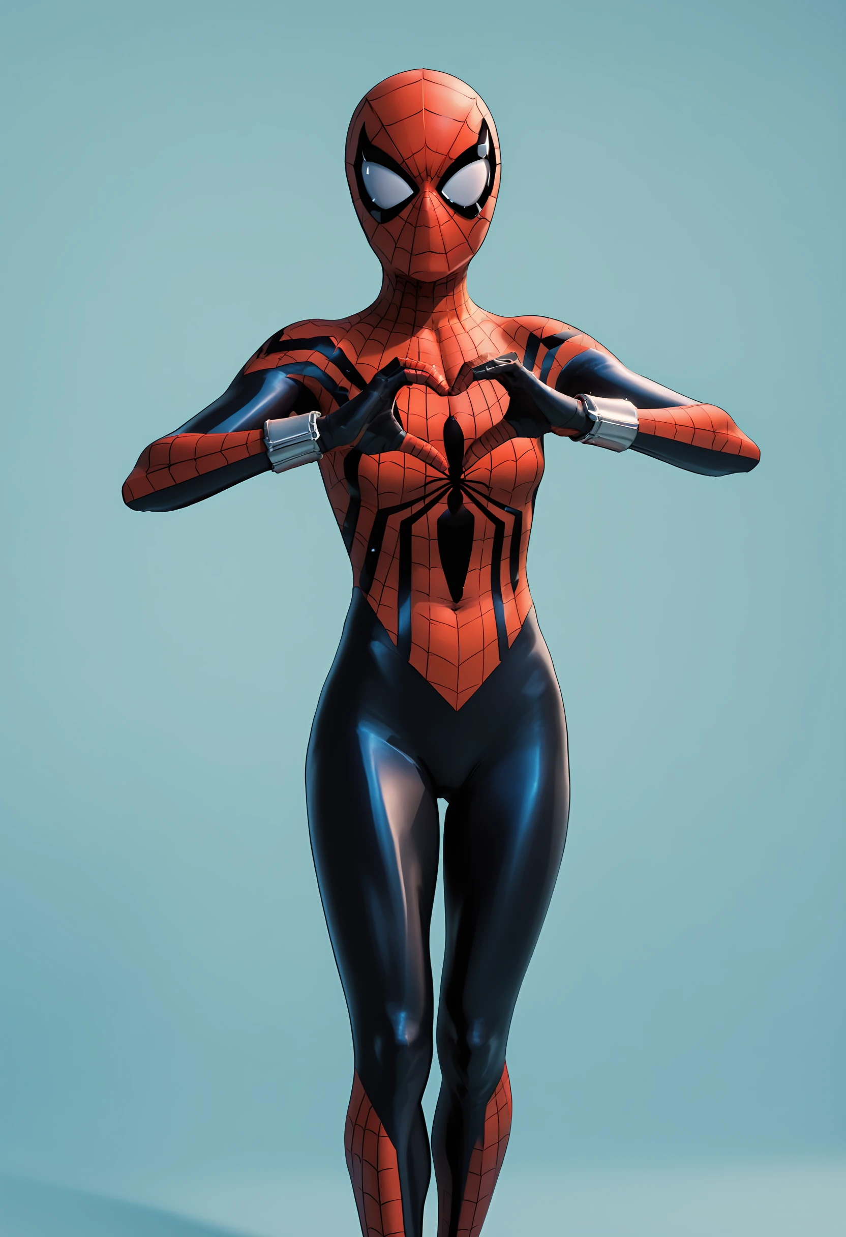 score_9, score_8_up, score_7_up, score_6_up, score_5_up, score_4_up, 1girl, <lora:SpiderGirl:0.85> superhero, cute face, small breasts, mask, bodysuit, spider web print, standing, looking at viewer, heart hands,
simple background, 3d, render,