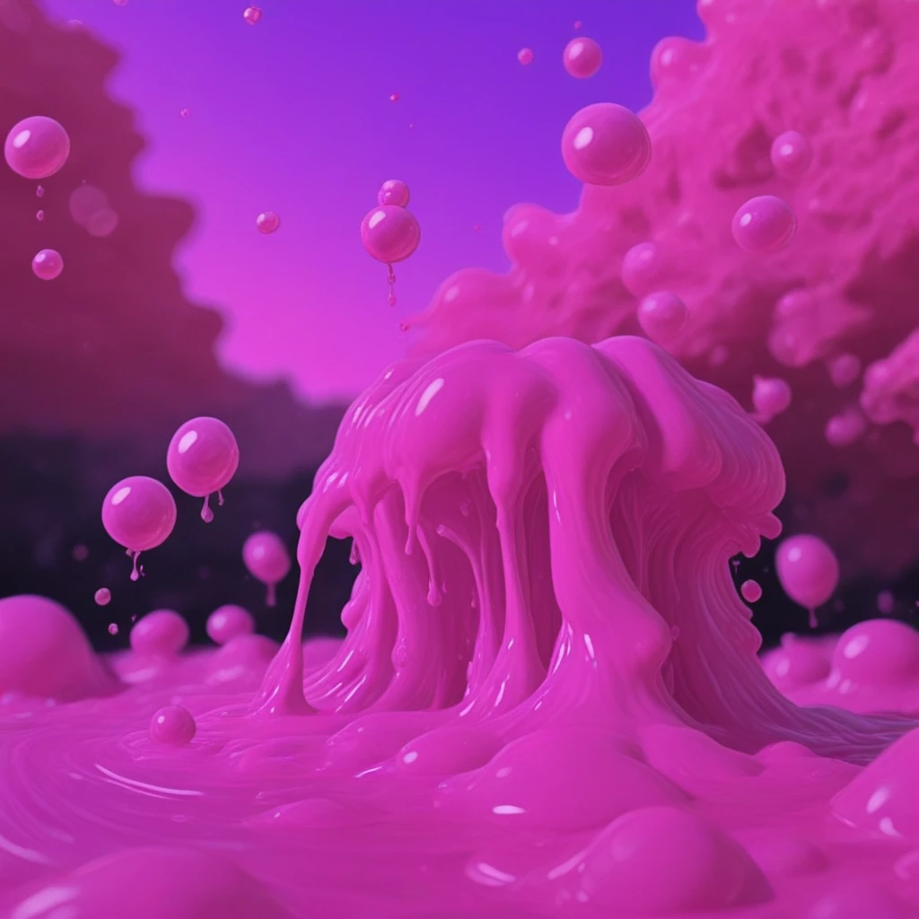 sky, still life, blurry, food, long hair, bubbles, cherry, dripping, gradient, slime girl, purple theme, water