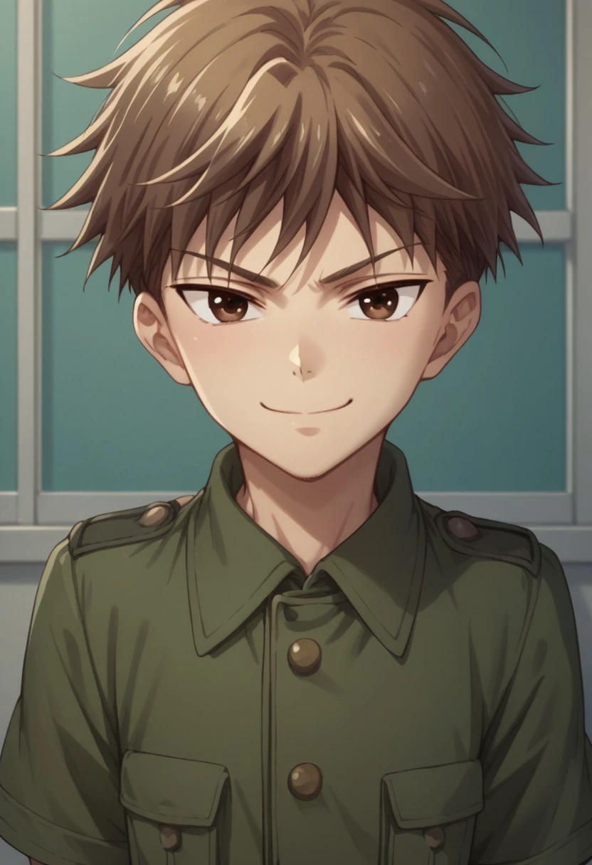 score_9, score_8_up, score_7_up, source_anime, highly detailed, 
hirosohma, 1boy, male focus, brown hair, solo, brown eyes, green shorts, military, military uniform, upper body, looking at viewer, smile, smirk
indoor, windows