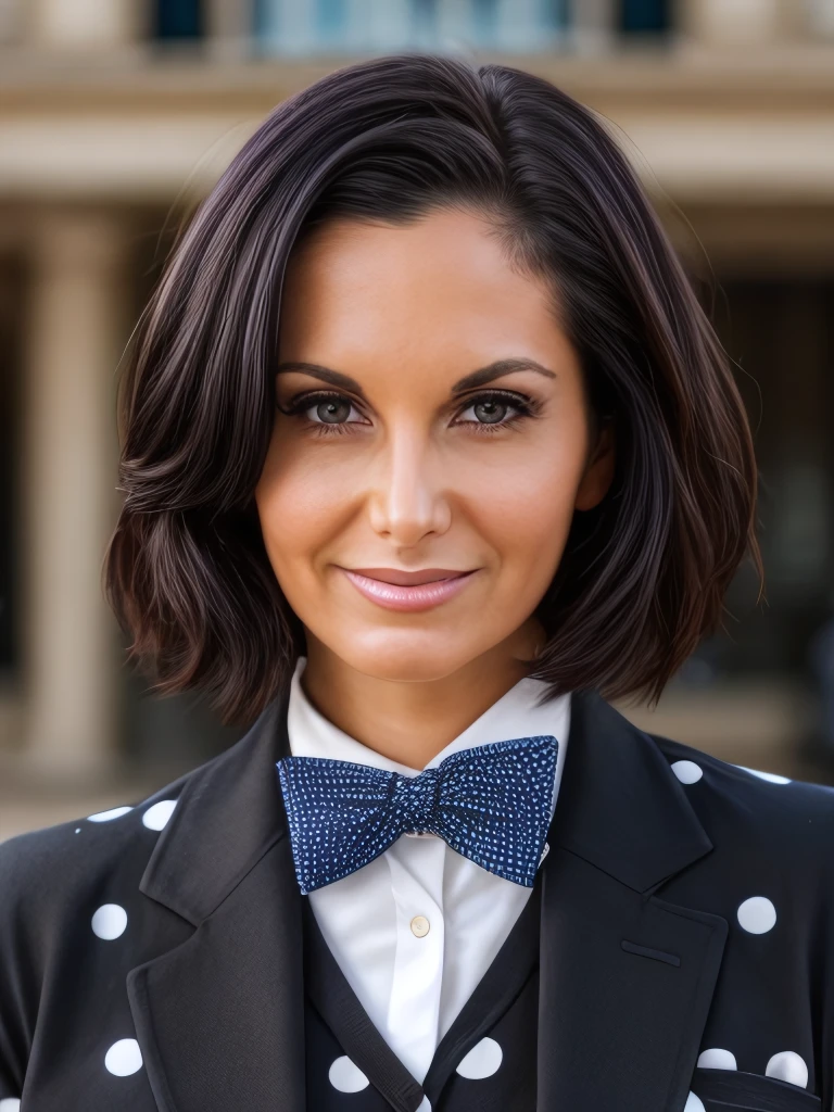 aadd, professional portrait of 1girl, short hair, shiny hair, smile, pretty face, eye focus, amber eyes, lip gloss, polka dot jacket, bow tie, Big Ben, London, depth of field, lips