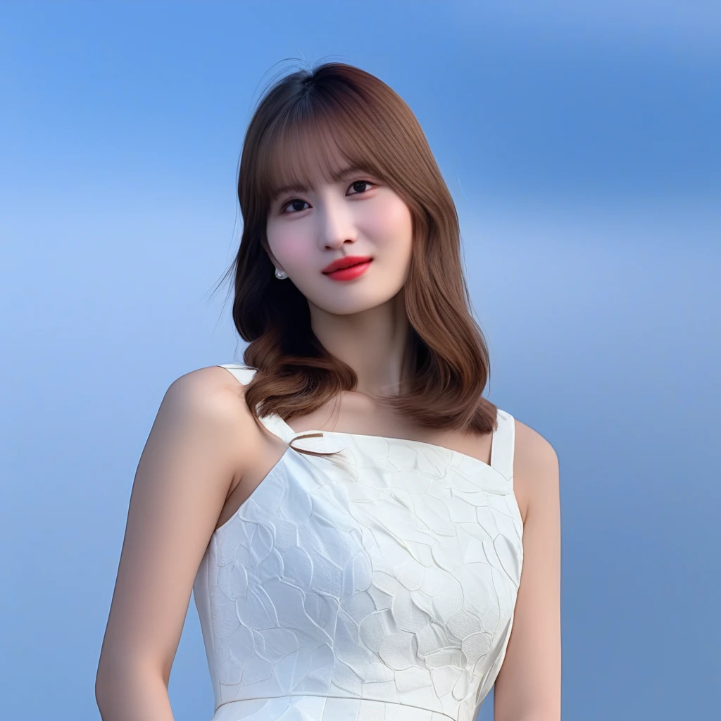 momo, (best quality, masterpiece:1.2), realistic, 1girl, solo, cute, looking at viewer, beautiful expression, upper body, sky, outdoors, closed mouth, white dress, bangs, medium hair, medium breast, beautiful expression, detailed face, detailed eyes, detailed iris, highres