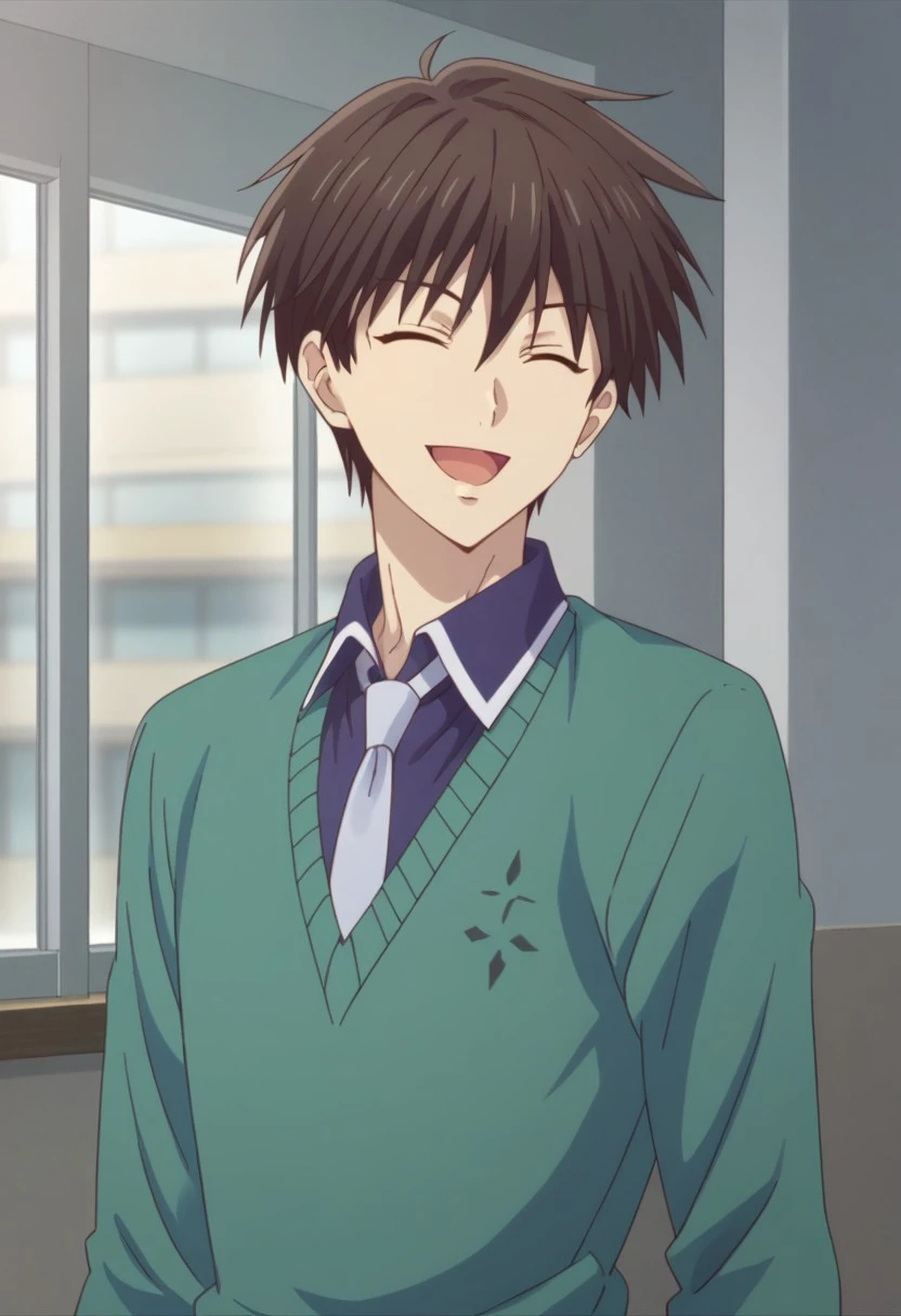 score_9, score_8_up, score_7_up, source_anime, highly detailed, 
kakerumanabe, 1boy, male focus, solo, closed eyes, smile, open mouth,  necktie, ^ ^, brown hair, shirt, upper body, facing viewer, school uniform,
collared shirt, :d, sweater, green sweater,
indoor, window,