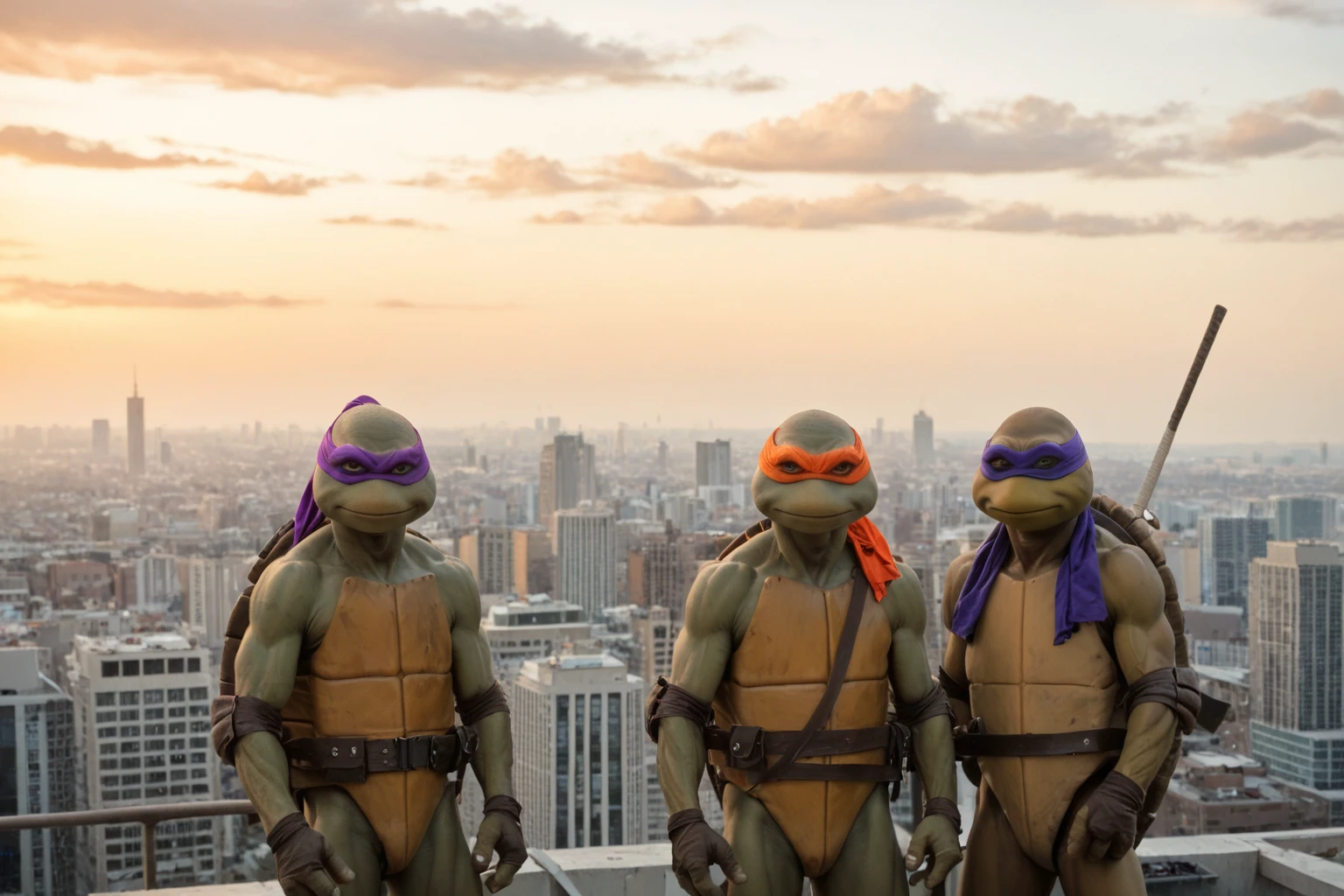 score_9, score_8_up, score_7_up, rating_safe, masterpiece, high quality, ((realistic, source_IRL)), BREAK, TMNTGroup: 1.6, a group of four teenage mutant ninja turtles, with red and blue and orange and purple bandana masks with eye-holes, standing on a city rooftop during the day, skyscrapers and rooftops and day sky in the background, <lora:TMNT_AIO_Pony:1>