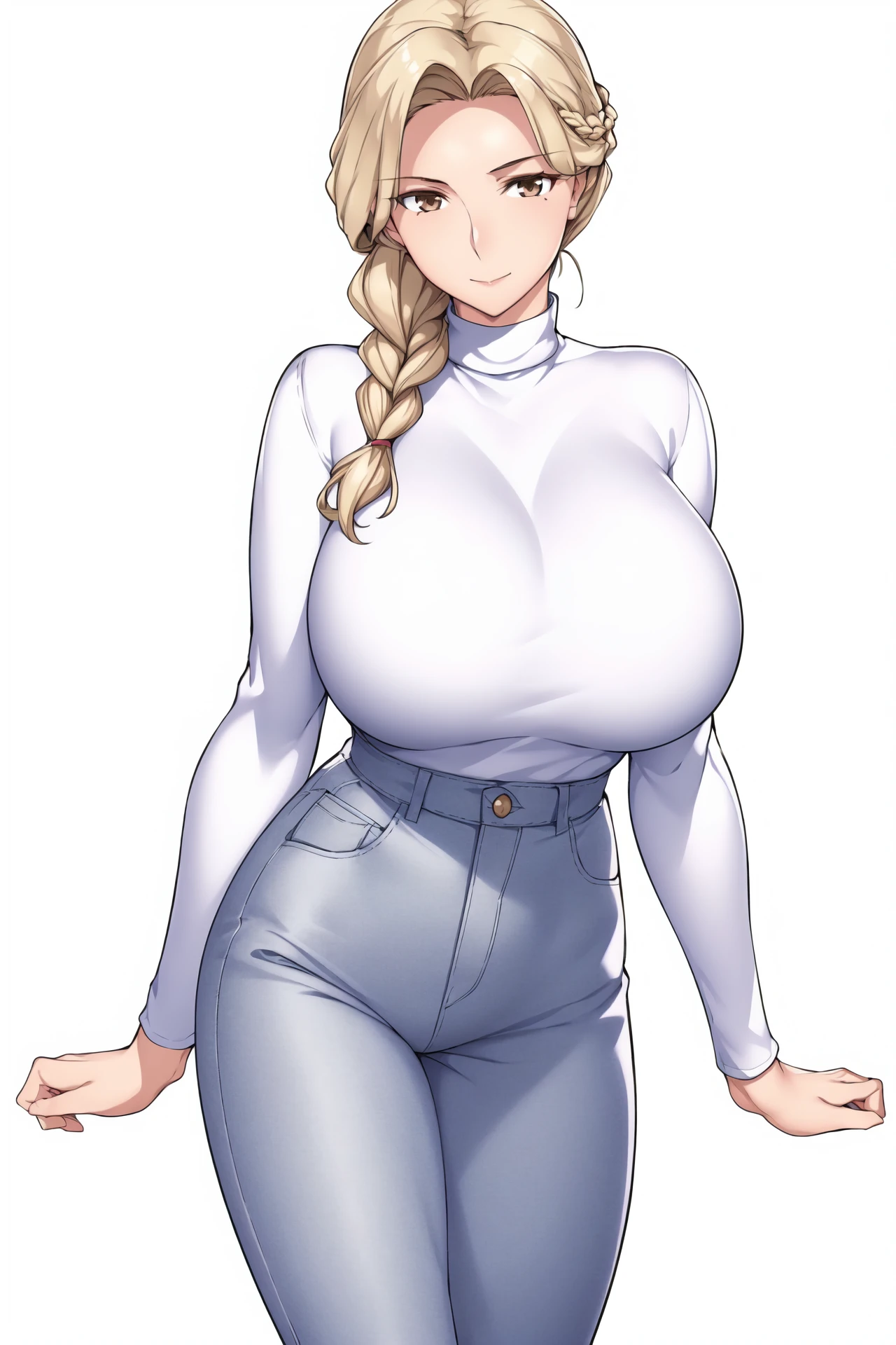 Simple Background,(White_Background:1.1),
dynamic pose,standing at attention,
white sweater, long sleeves, turtleneck, pants, denim, 
<lora:Tanemori_Mother-KK77-V1:0.7>,
Brown eyes, blonde hair,bangs,Long hair,single braid, 
<lora:more_details:0.1>,<lora:Oda_Non_Style2-KK77-Yes5-V1:0.3>,
1 girl, 20yo,Young female,Beautiful long legs,Beautiful body,
Beautiful Nose,Beautiful character design, perfect eyes, perfect face,expressive eyes,perfect balance,
looking at viewer,(Focus on her face),closed mouth, ,(Light_Smile:0.3),
official art,extremely detailed CG unity 8k wallpaper, perfect lighting,Colorful, Bright_Front_face_Lighting,White skin,
(masterpiece:1.0),(best_quality:1.0), ultra high res,4K,ultra-detailed,
photography, 8K, HDR, highres, absurdres:1.2, Kodak portra 400, film grain, blurry background, bokeh:1.2, lens flare, (vibrant_color:1.2),professional photograph,
(Beautiful,large_Breasts:1.4), (beautiful_face:1.5),(narrow_waist),